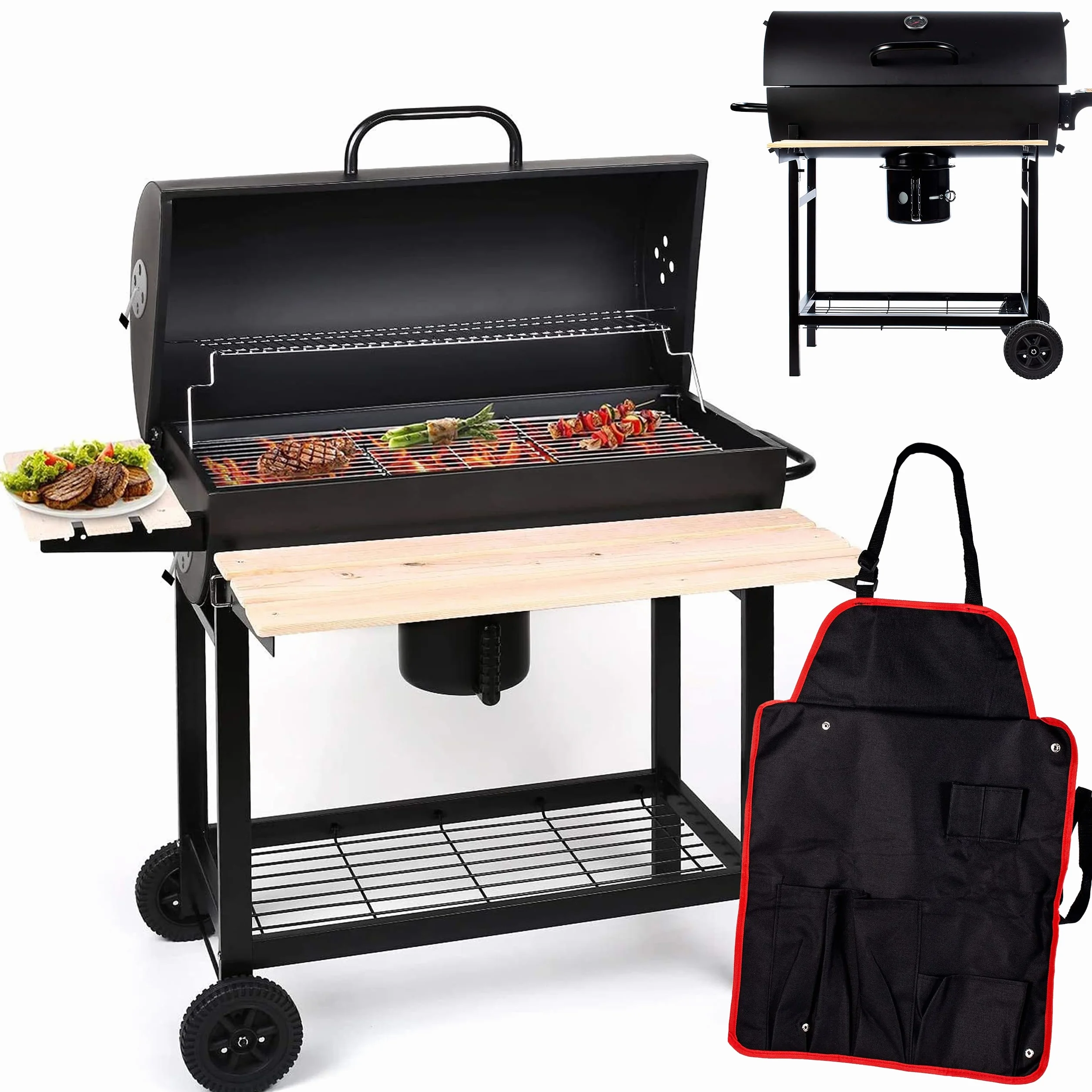 GrillMaster Okrągły Beczka BigBend GM2020 +Fartuch, Grill Ogrodowy, Węglowy, z Pokrywą, z Kółkami, Przesłony do Cyrkulacji Powietrza, Dodatkowe Półki