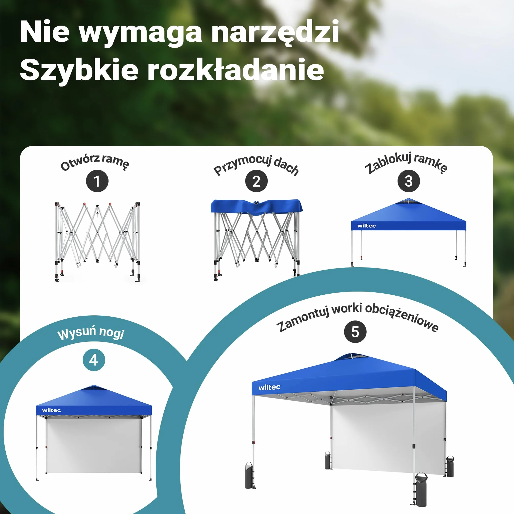 Wiltec Namiot ogrodowy składany 3x3m niebieski ze ścianą
