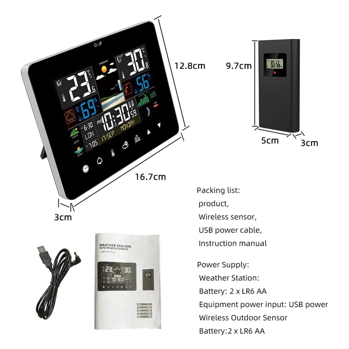 Cyfrowa stacja pogodowa, wielofunkcyjny budzik, termometr, higrometr, ekran dotykowy, bezprzewodowy czujnik zewnętrzny, wyświetlacz wielu danych，With 1pcs Sensor