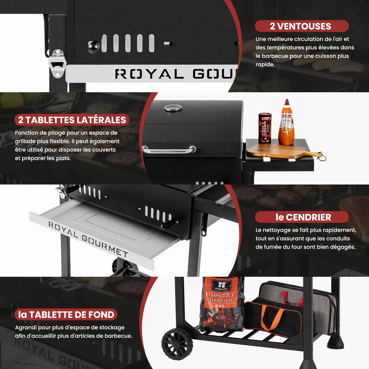 Royal Gourmet Grill na węgiel drzewny, grill węglowy na wózku ze składanymi półkami, pokrywa, termometr, powierzchnia do gotowania 56,5 x 42,2 cm do ogrodu, na kemping, czarny