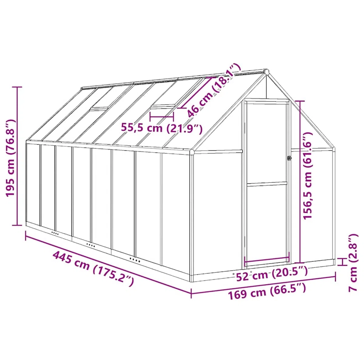 Szklarnia 445 cm dł. x 169 cm szer. x 195 cm wys. – stabilna rama aluminiowa z płytami poliwęglanowymi 4 mm, zakopana rama fundamentowa, idealna do uprawy warzyw i roślin