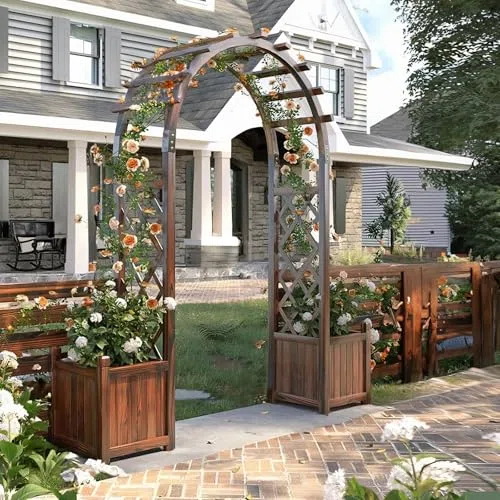Zewnętrzny drewniany łuk ogrodowy pergola ze zintegrowanymi donicami i bocznymi skrzynkami na kwiaty, kratka o wysokości 237 cm, do pnących winorośli, idealna altana ogrodowa na róże i kwiaty