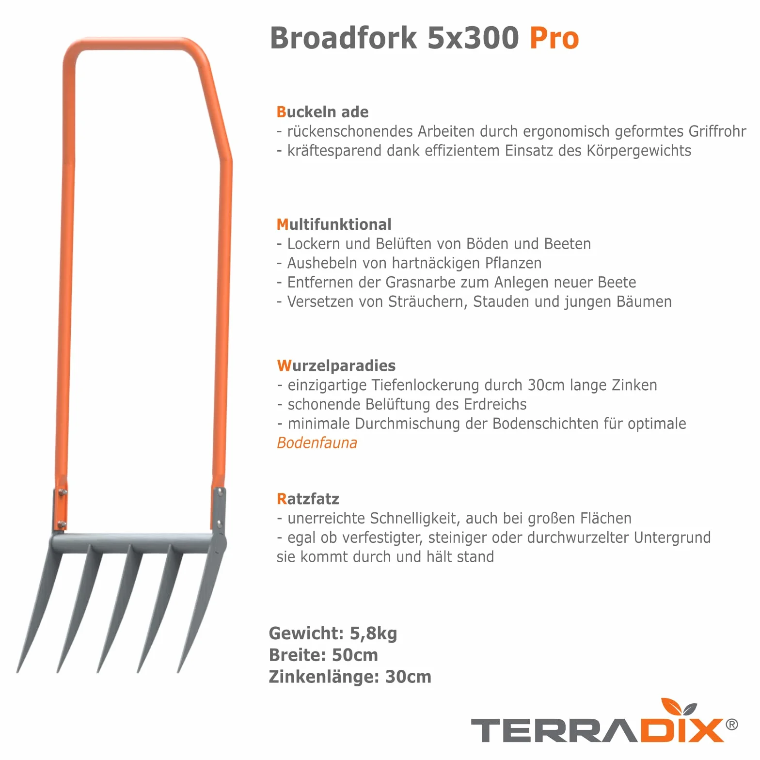 Widły do kopania TERRADIX®, samowystarczalny ogród, Z 5 zębami, Szerokość 50cm