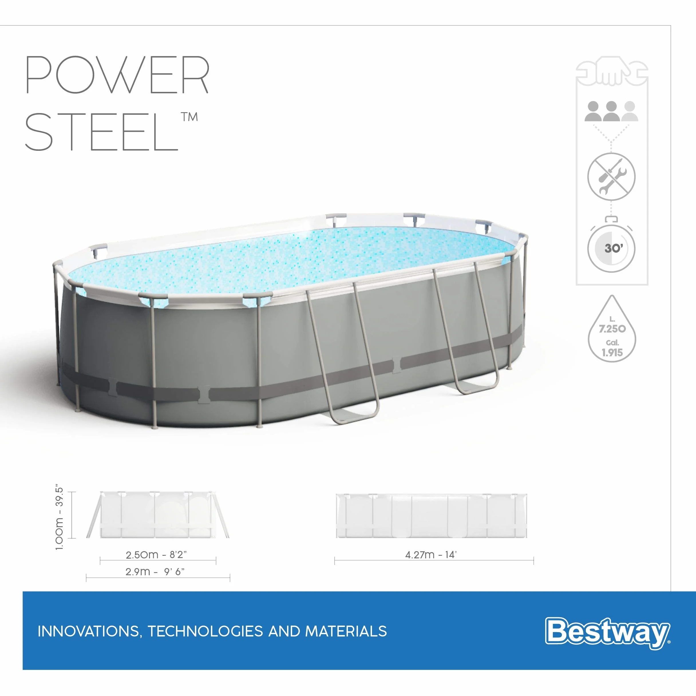 Bestway Power Steel 56620 basen z ramą, owalny, 7250 l, niebieski, szary, 90 cm, 1817 l/h)
