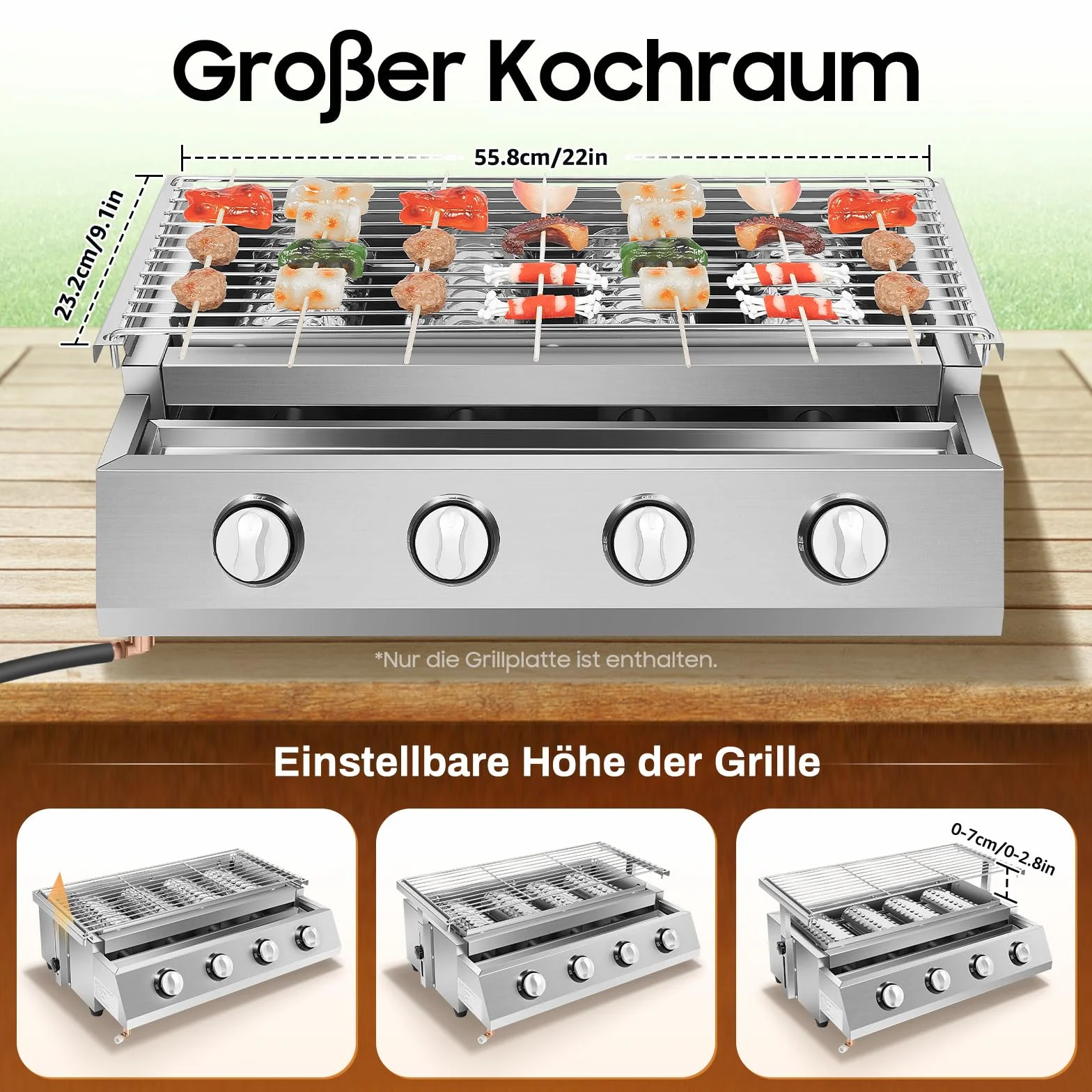 Grill gazowy z 4 palnikami, 2800 Pa LPG, stal nierdzewna, grill stołowy, grill gazowy, grill gastronomiczny z rusztem do grillowania, 57 x 39 x 17,5 cm, regulacja wysokości, na kemping, balkon, do