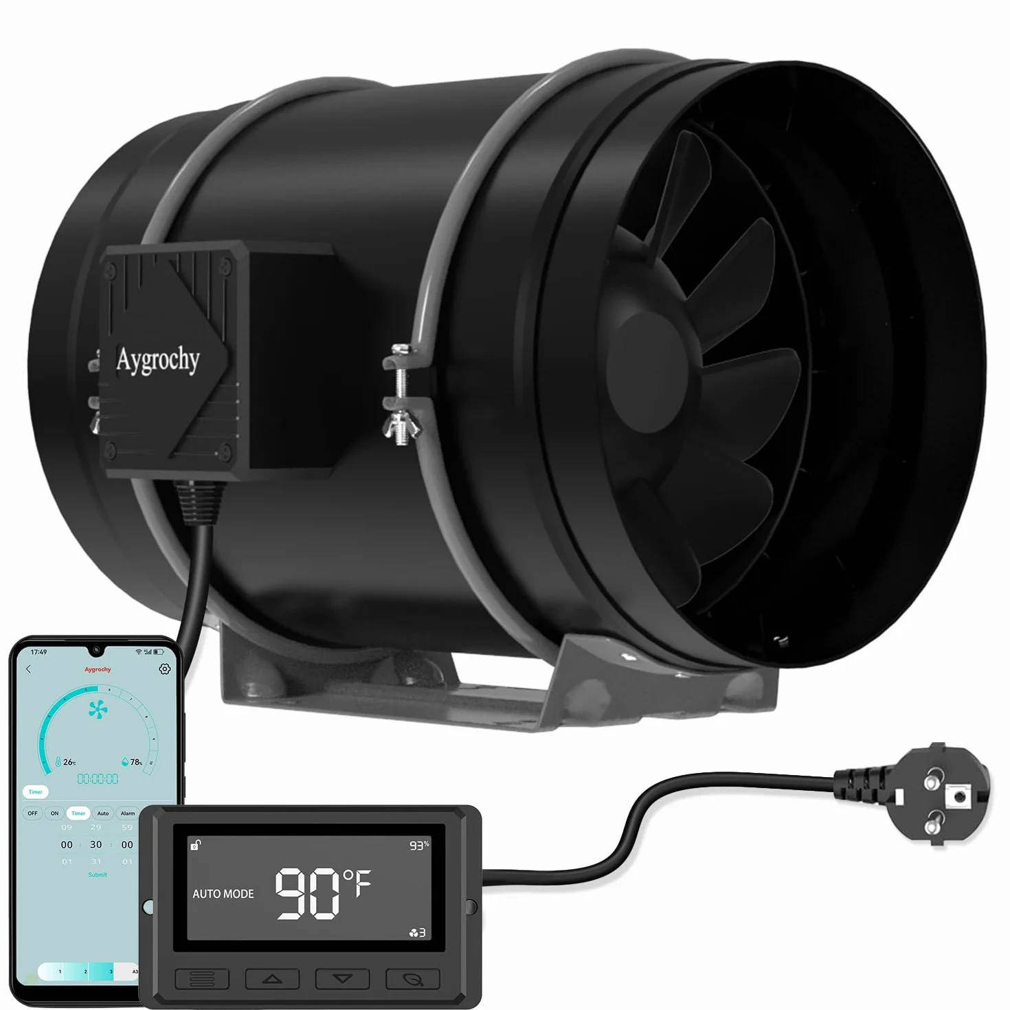 Aygrochy 8-calowy wentylator liniowy WiFi z kontrolerem temperatury i wilgotności