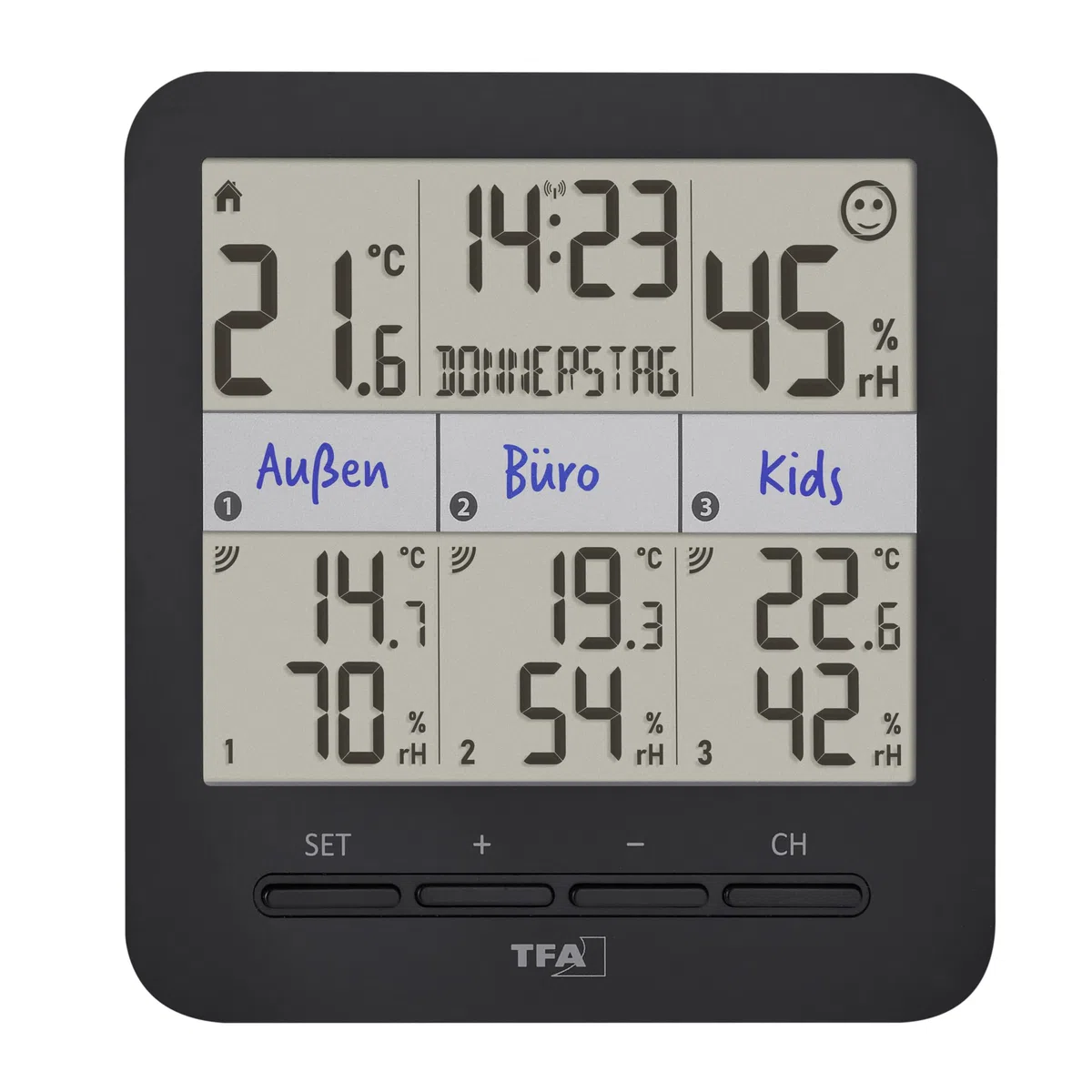 TFA Dostmann Termohigrometr z 3 nadajnikami Klima@Home2, 30.3075.01, temperatura/wilgotność powietrza w pomieszczeniach mieszkalnych i roboczych, wraz z podaniem punktu rosy w celu uniknięcia