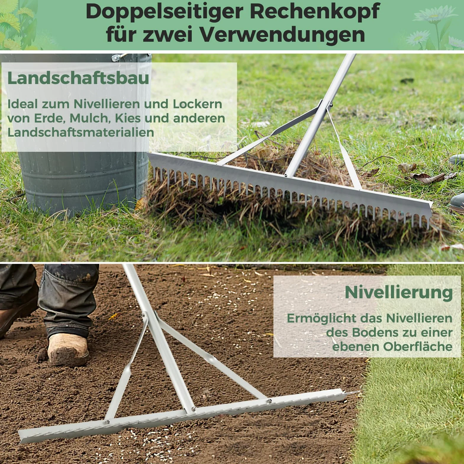 FANTASK Grabie z głowicą grabiącą o szerokości 91 cm i długim uchwytem, aluminiowa grabie ogrodowe z 36 zębami, miotła do liści, grabie do spulchniania gleby, pielęgnacja krajobrazu