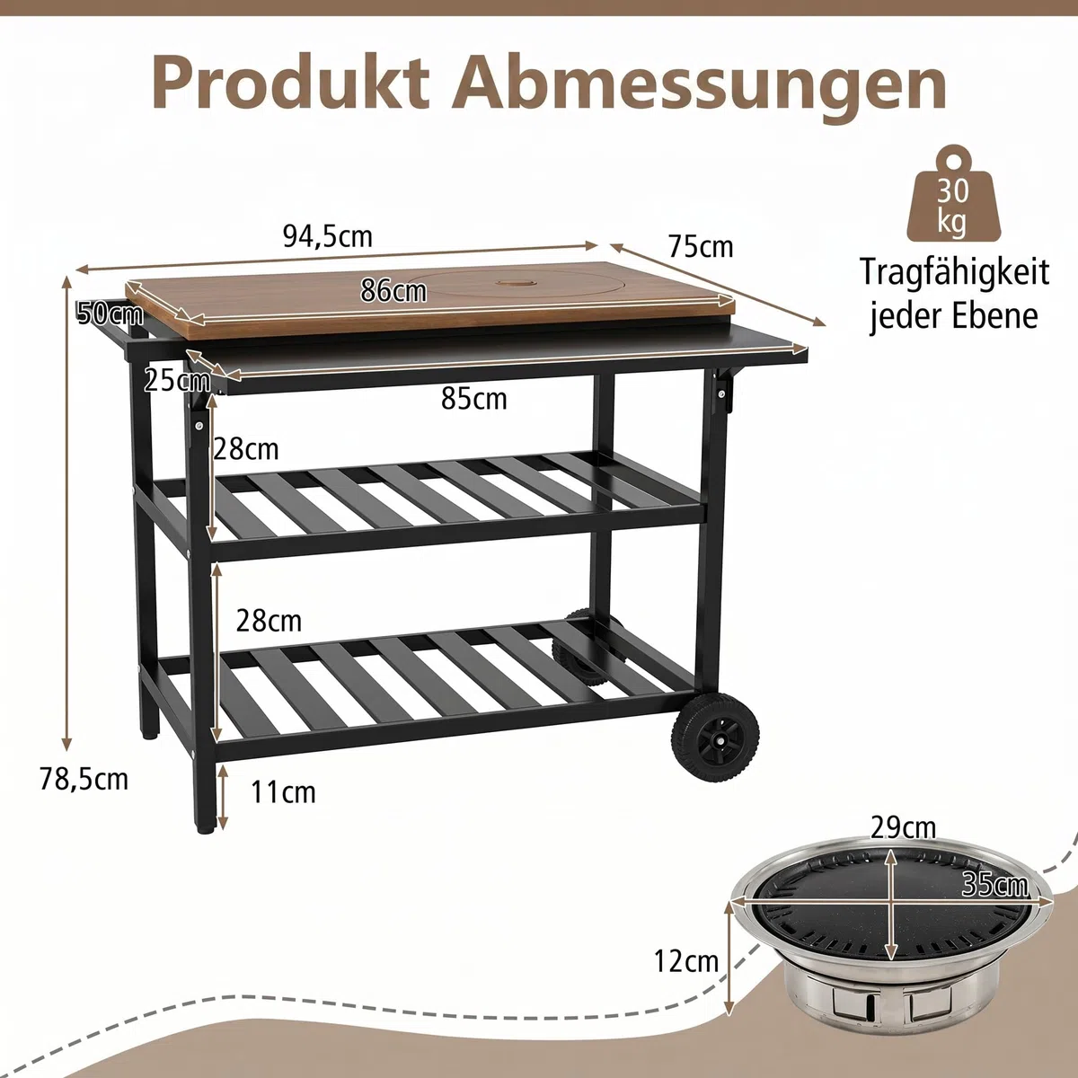 COSTWAY Grill na kółkach, stół grillowy na kółkach, składany stół boczny, powierzchnia robocza o wyglądzie drewna i 2 półki, metal, na taras, 94,5 x 75 x 78,5 cm, brązowy