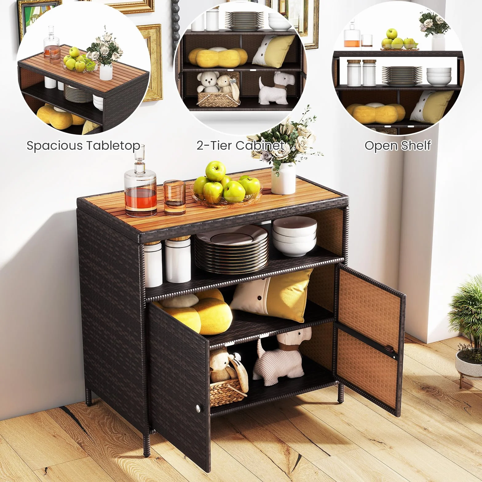 GIANTEX Szafka ogrodowa, rattanowa szafka bufetowa, do użytku na zewnątrz, szafka do przechowywania z blatem roboczym i regałem, szafka pomocnicza do ogrodu, na balkon i basen, 90 x 53 x 86 cm