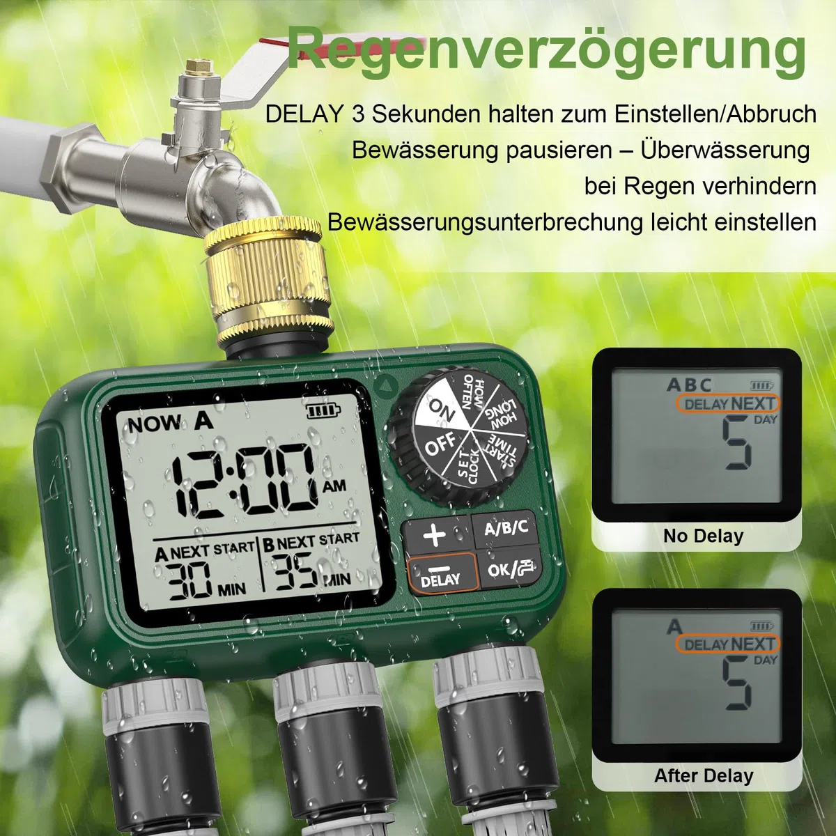 Timer zraszacza z 3 wyjściami z mosiądzu, programowalny timer węża ogrodowego z opóźnieniem deszczu, ręczny i automatyczny system nawadniania, do 3 oddzielnych stref nawadniania