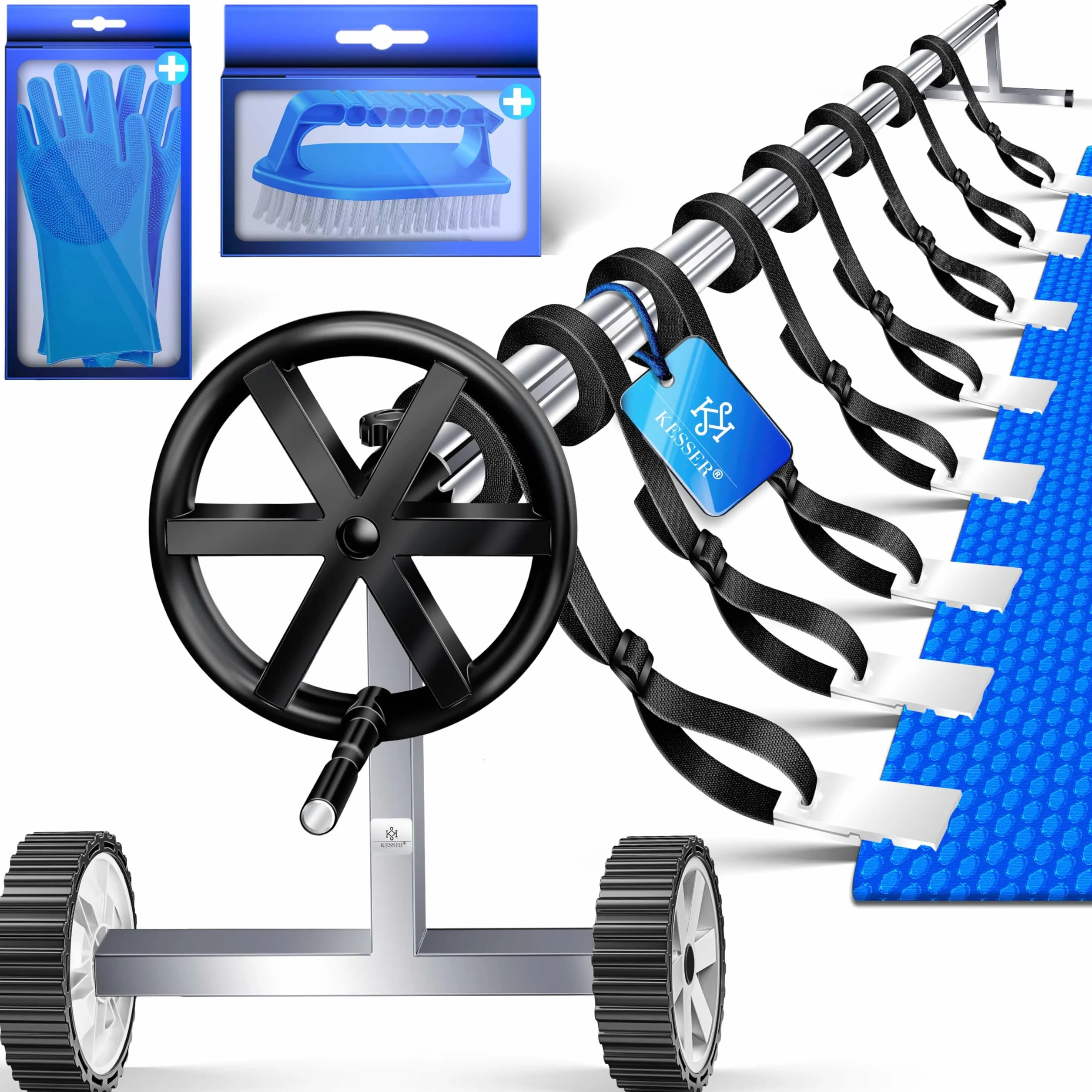 KESSER® Pool Premium system zwijania 3 m – 5,70 m | z kółkami | do plandeki solarnej | mobilne urządzenie do zwijania plandeki basenowej i pokrywy | w zestawie taśmy, rękawice i szczotka | materiał