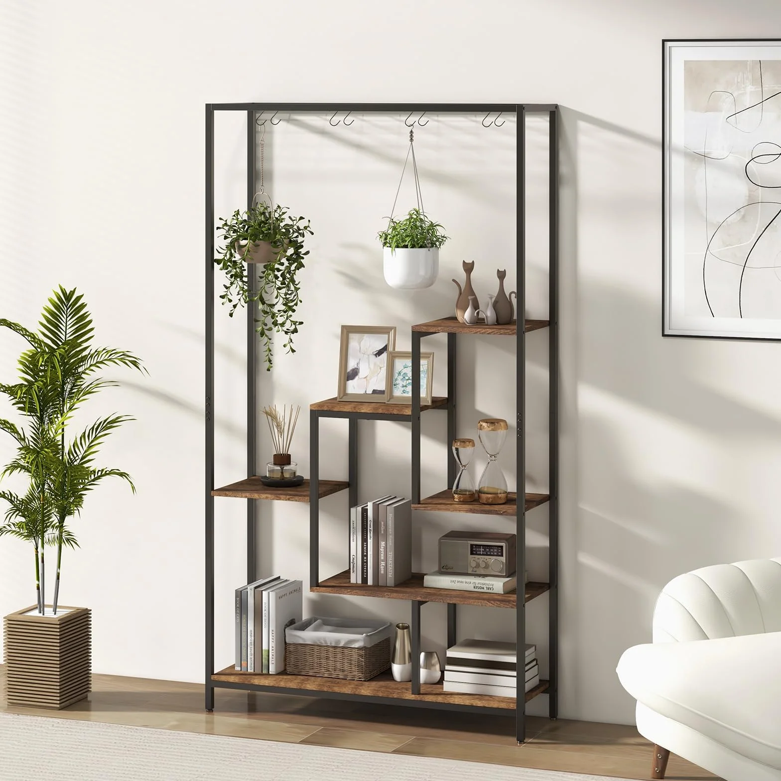 COSTWAY Stojak na rośliny, 6 poziomów, 180 cm, metalowy regał na kwiaty z 10 haczykami w kształcie litery S i półką z kratki, stojak na kwiaty, na balkon, do salonu (rustykalny brąz)