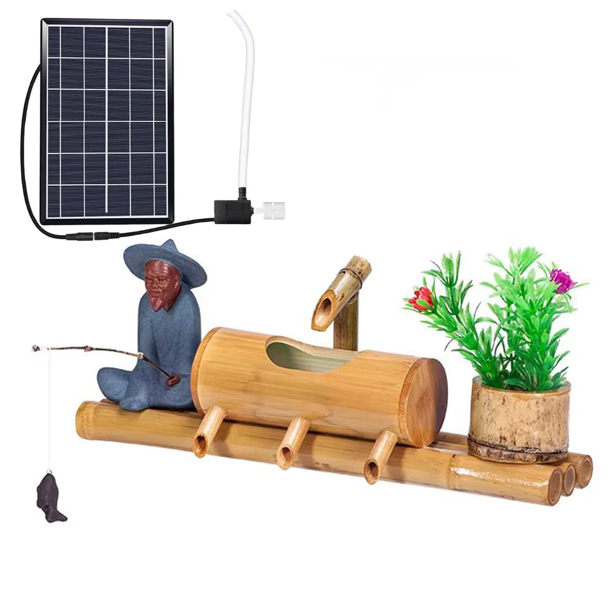 Bambusowa fontanna słoneczna, średniej wielkości bambusowa fontanna Zen (40 cm) z 4 ujściami wody, bambusowa fontanna solarna z pompką wodną, bambusowa fontanna ogrodowa, do umywalki