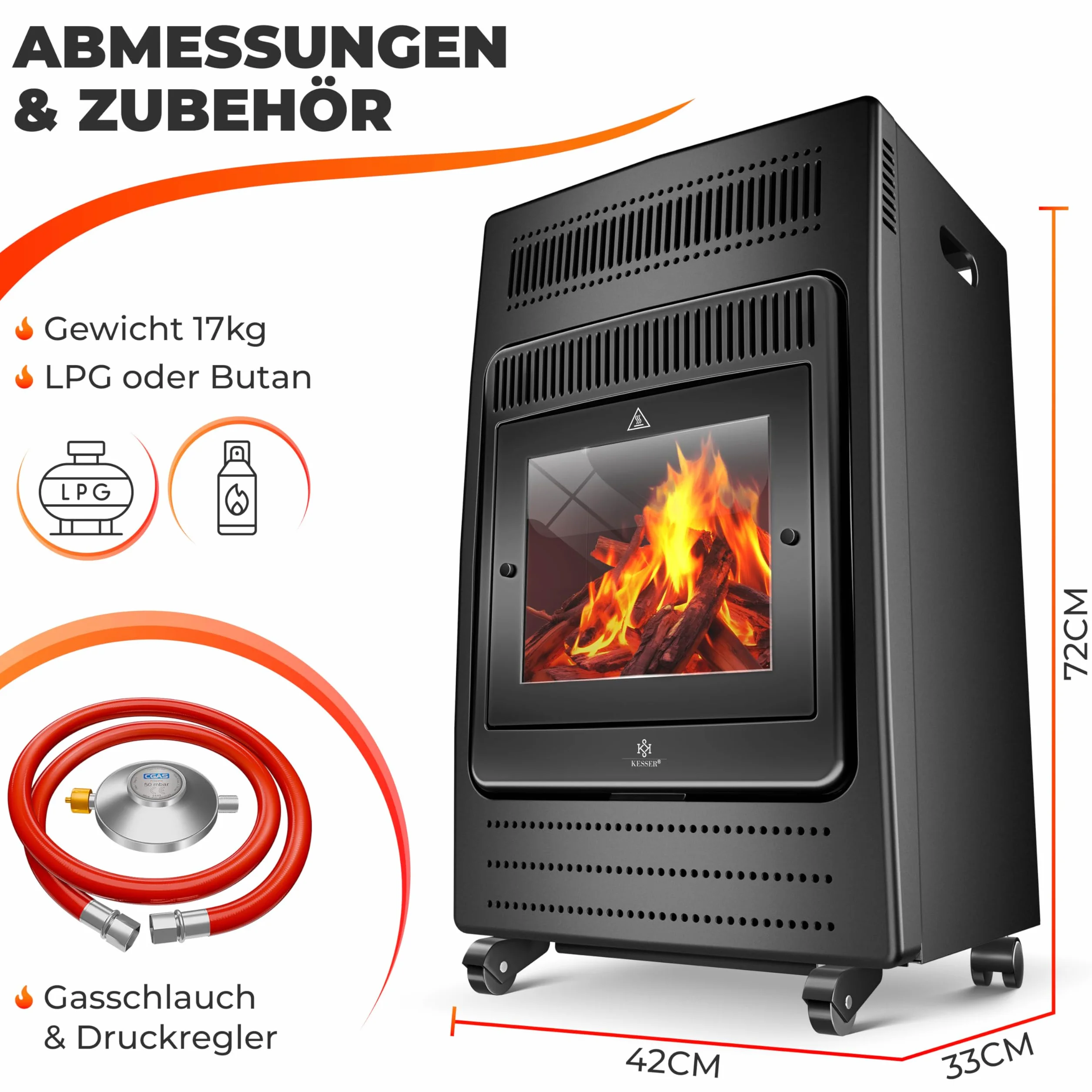 KESSER® Grzejnik gazowy, 3,4 kW, zawiera reduktor ciśnienia gazu i wąż gazowy, 2 stopnie grzania na podczerwień 3400 W, ogrzewanie gazowe, butle z butanem lub propanem, do 11 kg, czarny