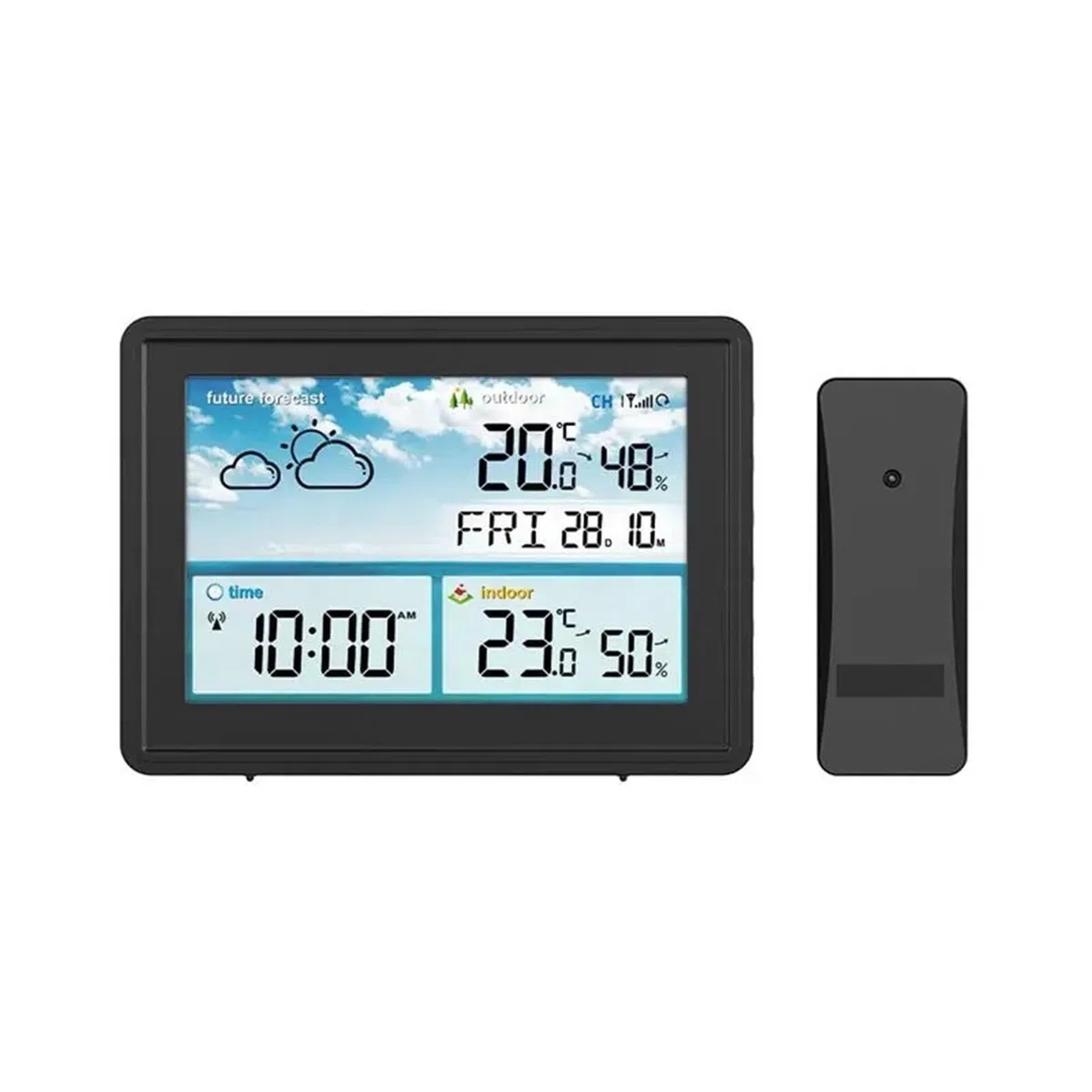 Bezprzewodowa cyfrowa stacja pogodowa Kolorowy wyświetlacz LCD Termometr Higrometr Czujnik prognozy Temperatura mrozu Kalendarz Budzik,Dokładnie przewiduj(Black with plug)