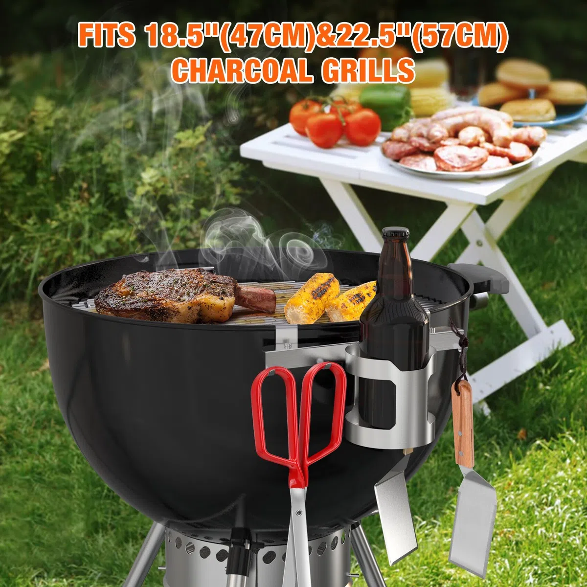 Onlyfire Uchwyt na narzędzia do grilla ze stali nierdzewnej do grilla Weber 47/57 cm, na węgiel drzewny, uchwyt na butelkę, uchwyt na kubek z 4 haczykami do grilla do barebecue, narzędzie do