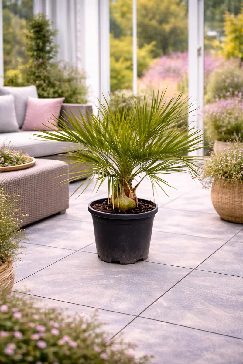 Zwykła palma galaretkowa 100-120 cm – Butia capitata – mrozoodporna palma do ogrodu i na taras – dekoracyjna roślina doniczkowa o egzotycznym charakterze