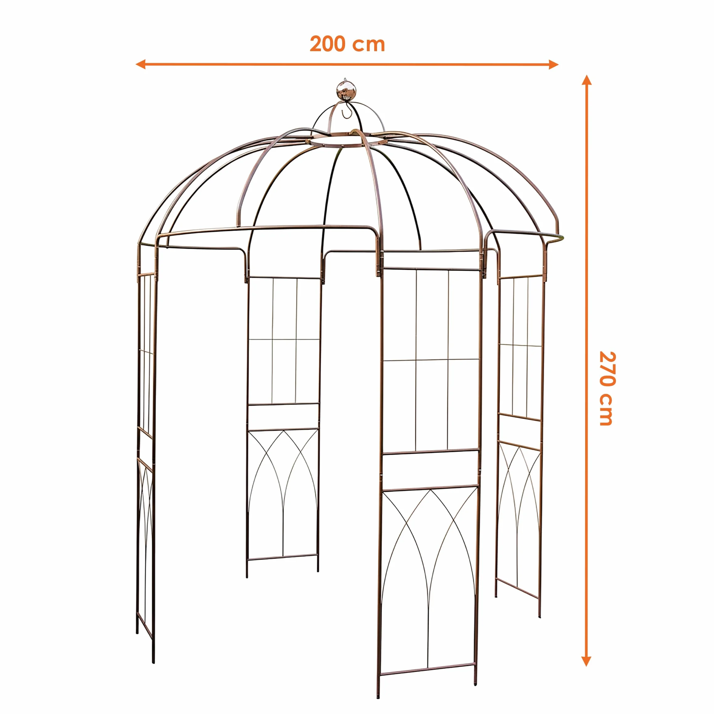 Metalowy pawilon z różami w kolorze rdzawym brązowym – 270 x 200 cm – stalowa kratka dla roślin pnących malowana proszkowo, okrągły pawilon z dużą kopułą, łuk różany, pomoc dla roślin pnących