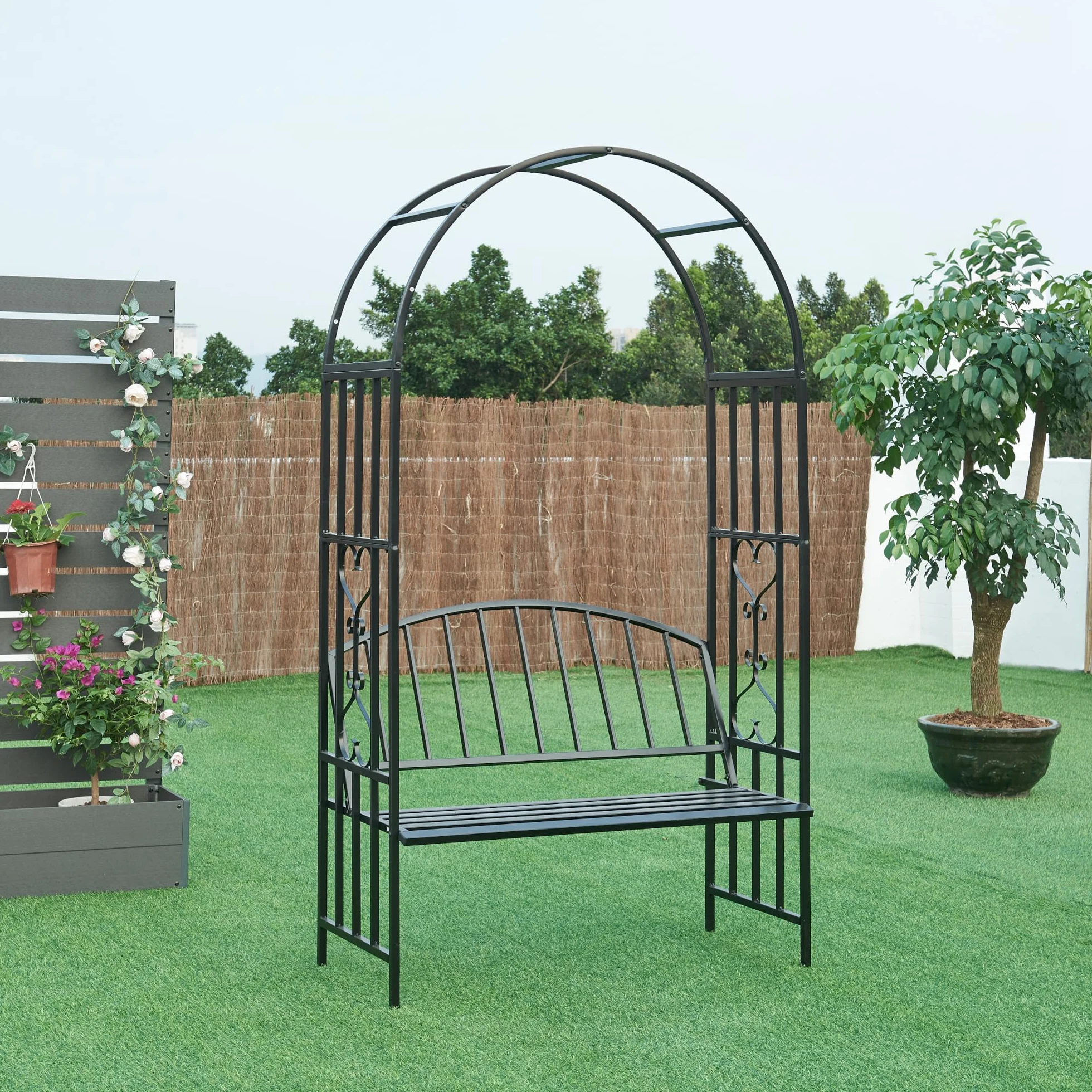 casa.pro Pergola Barile z ławką łuk różany z dwuosobową ławką metal czarny 205x114x55 cm łuk ogrodowy