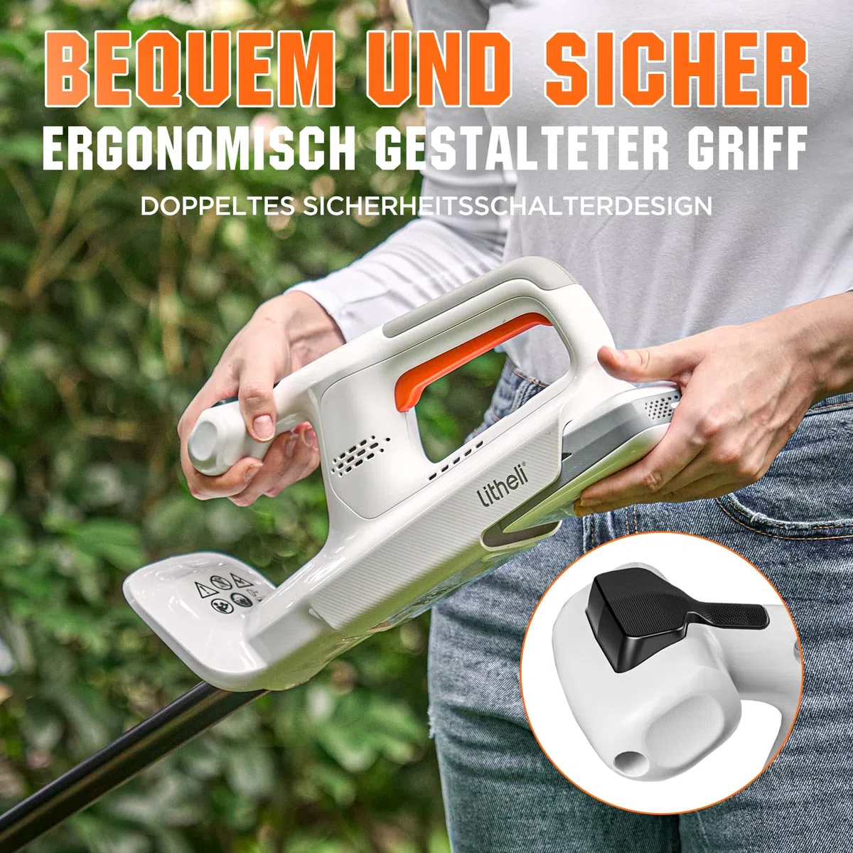 Litheli Akumulatorowe nożyce do żywopłotu 20 V z akumulatorem 2,0 Ah, Hedge Trimmer z akumulatorem 2,0 Ah. Ergonomiczny uchwyt, długość 45 cm do łatwego przycinania, lekkość cięcia