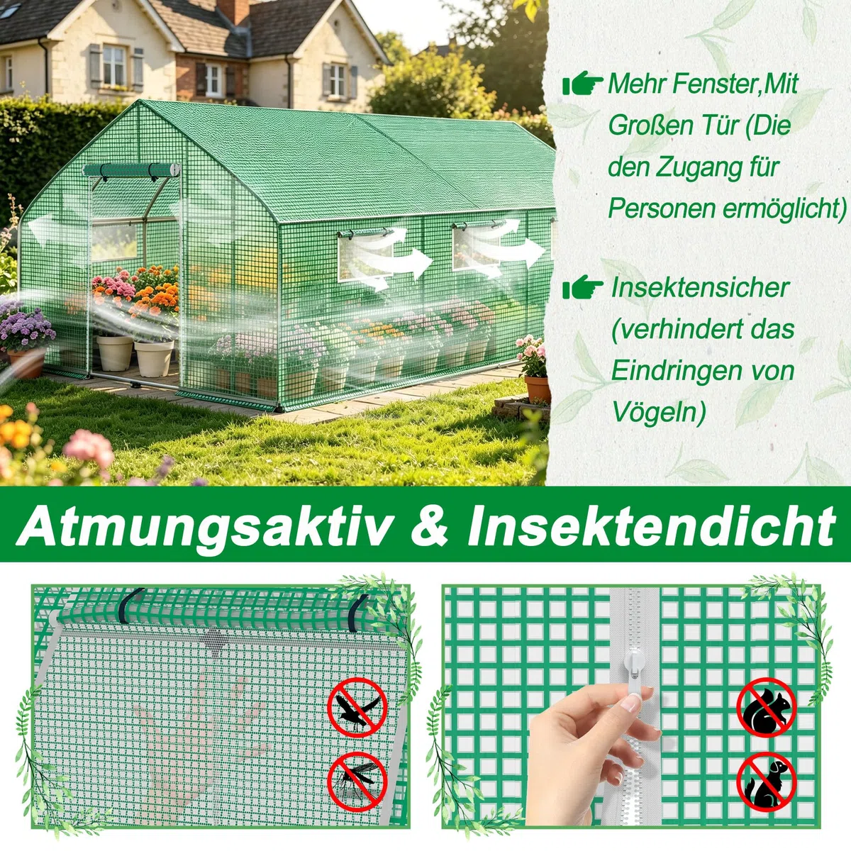 Froadp Szklarnia z możliwością wchodzenia, 3 x 2 x 2 m, foliowa szklarnia ogrodowa z ocynkowaną ramą stalową, odporna na promieniowanie UV folia PE, szklarnia na pomidory z oknami i drzwiami