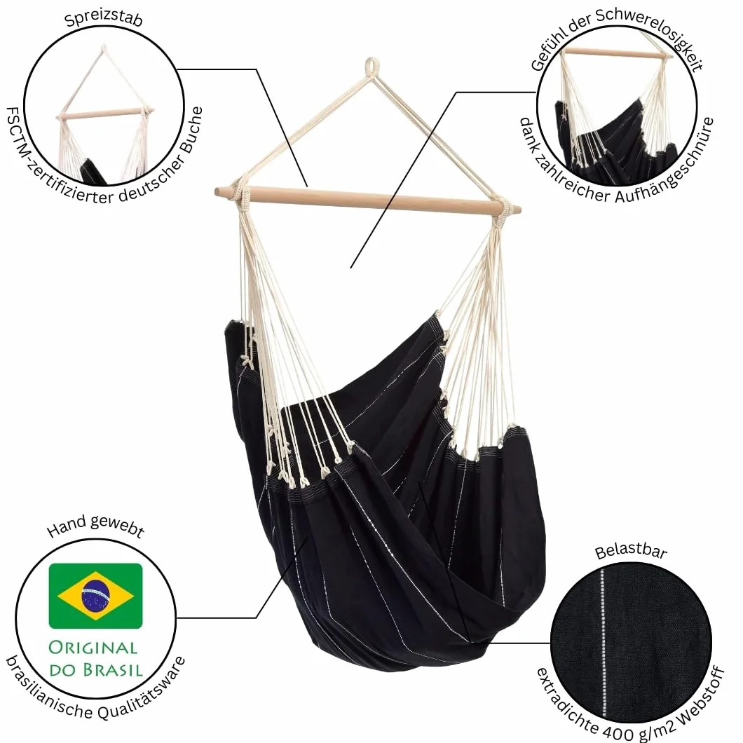 AMAZONAS Duży fotel wiszący wykonany ręcznie w Brazylii Brasil Black z poprzeczką z drewna bukowego FSC 110 cm do 150 kg czarny
