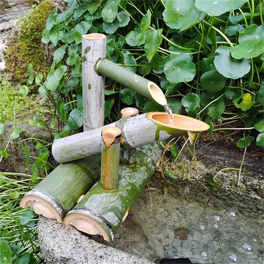 Bambusowa fontanna solarna z pompką i panelem do dekoracji ogrodu Zen, 60 cm, funkcja wody na zewnątrz