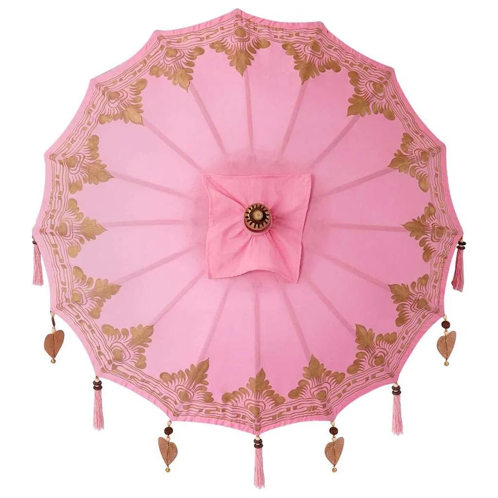 Balijski parasol przeciwsłoneczny, kremowy, z bawełny i bambusa, duży parasol ogrodowy z ręcznie rzeźbionym drewnianym kijkiem, idealny na taras, balkon, do użytku na zewnątrz, do cienia i na