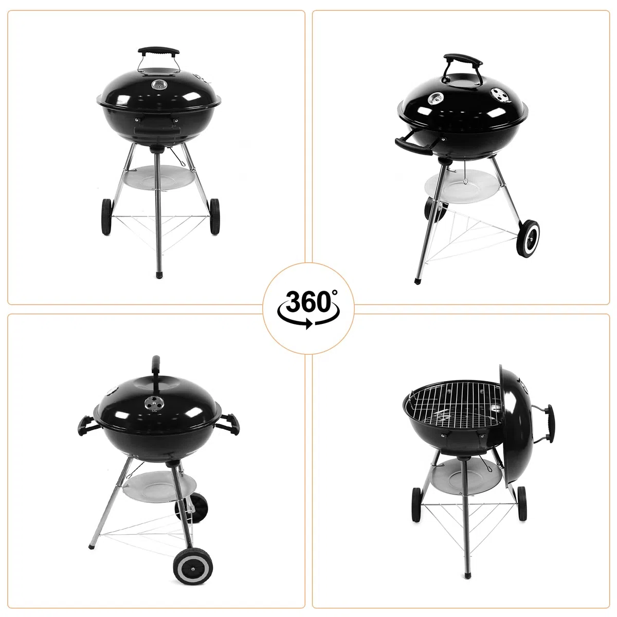 KONO Grill kulowy, grill na węgiel drzewny, grill piknikowy, ze stali nierdzewnej, mały grill z pokrywką, kółka, uchwyt ze stali nierdzewnej, termometr, grill kempingowy, zdejmowany grill do ogrodu,