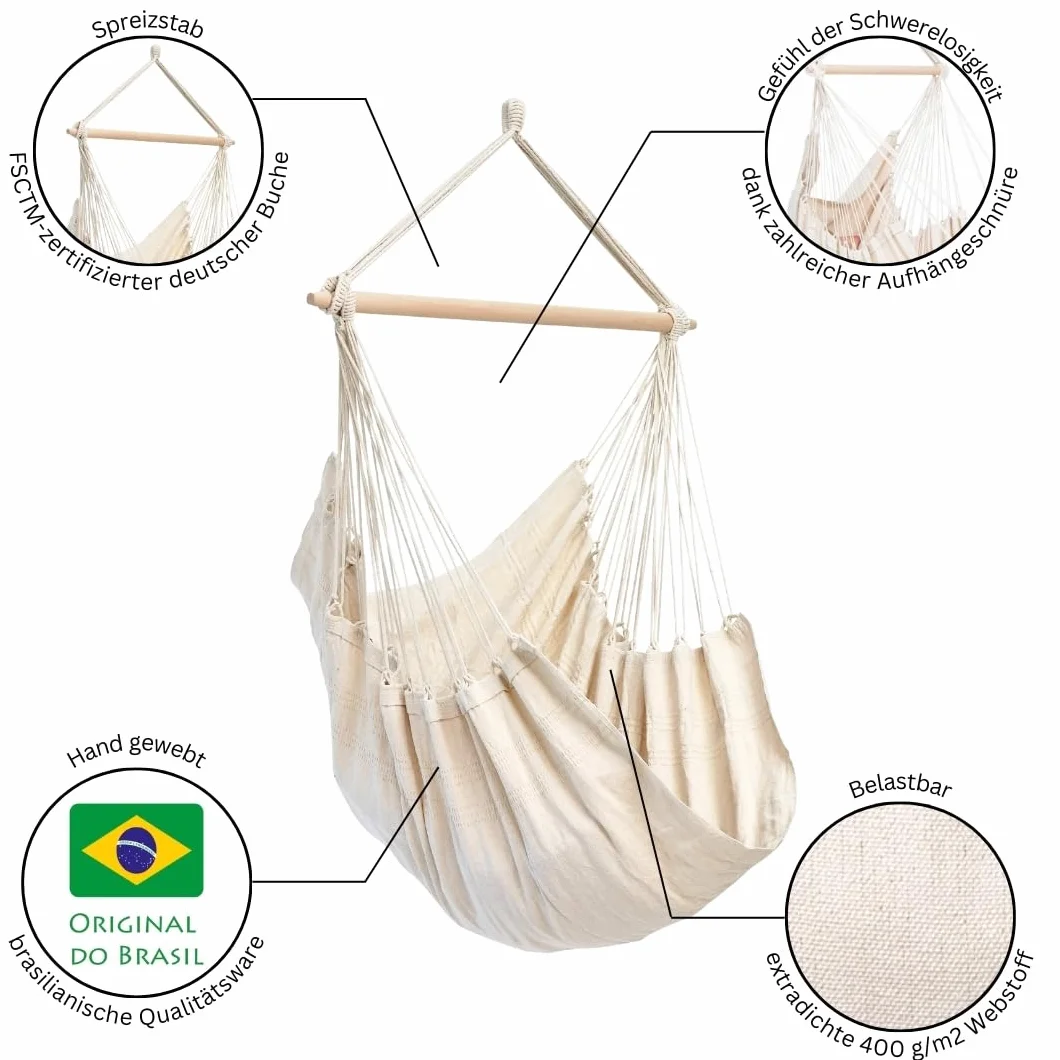 AMAZONAS - XL fotel wiszący Brasil | fotel wiszący bez ramy z dużą powierzchnią do siedzenia, wykonany ręcznie w Brazylii | obciążenie do 150 kg; powierzchnia siedziska 1,6 m x 1,3 m; długość pręta