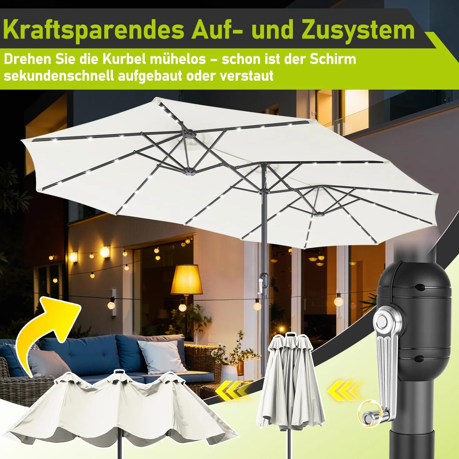 Podwójny parasol przeciwsłoneczny, prostokątny, 394 x 210 cm, z solarną diodą LED i korbą ręczną, duży parasol przeciwsłoneczny, parasol ogrodowy, parasol tarasowy, 12 stalowych żeber, ochrona