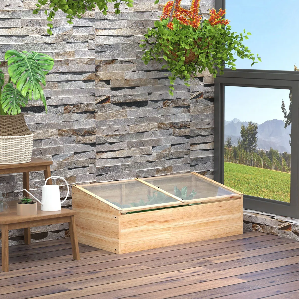 Szklarnia Outsunny skrzynia inspektowa grządka szklarnia ogród system sadzenia do ogrodu i na balkon, 100 x 50 x 35 cm, kolor naturalny, jodła, panel PC