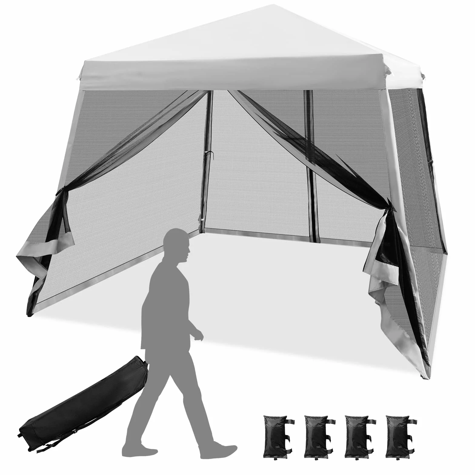 COSTWAY NP10301GRDE Pawilon składany 3 x 3 m z moskitierą i workami na piasek, ochrona przed promieniowaniem UV 50 +, namiot ogrodowy, namiot imprezowy, stabilny, pawilon ogrodowy do ogrodu, w zestawie torba zwijana (szary)