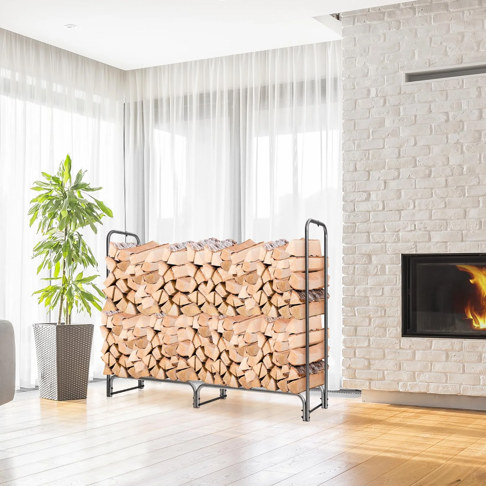 COSTWAY Metalowy regał na drewno kominkowe, 184 x 35,5 x 122,5 cm, regał na drewno opałowe z wodoodporną osłoną, stojak na drewno kominkowe, regał na drewno opałowe do użytku na zewnątrz