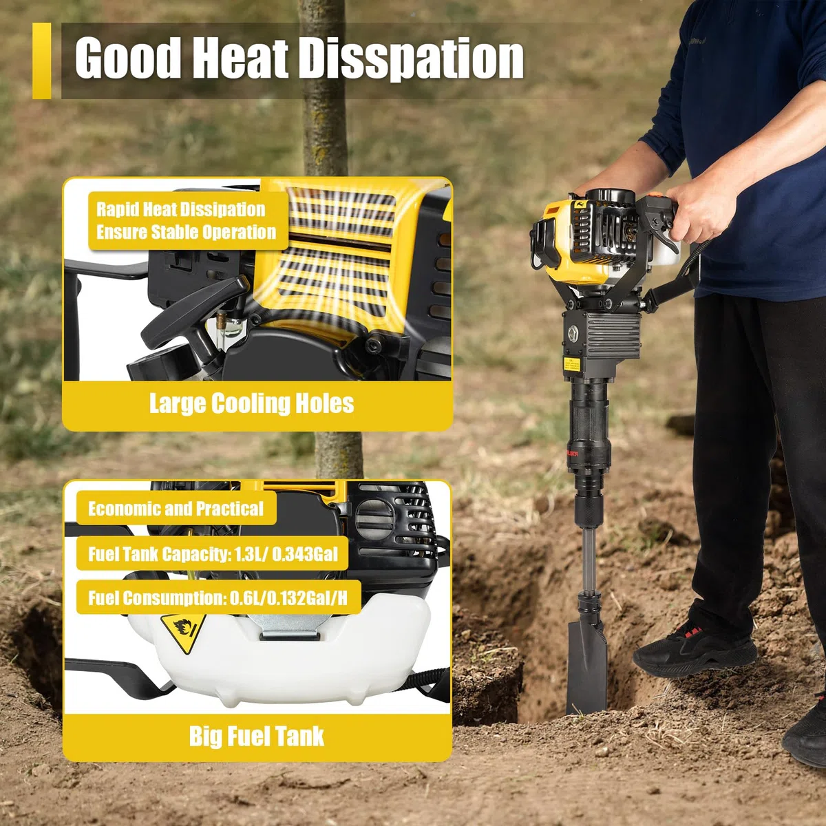 Koparka do drzew 1250 W, benzyna, koparka do drzew ogrodowych, z łopatą #7 z łopatą #7 (żółta)