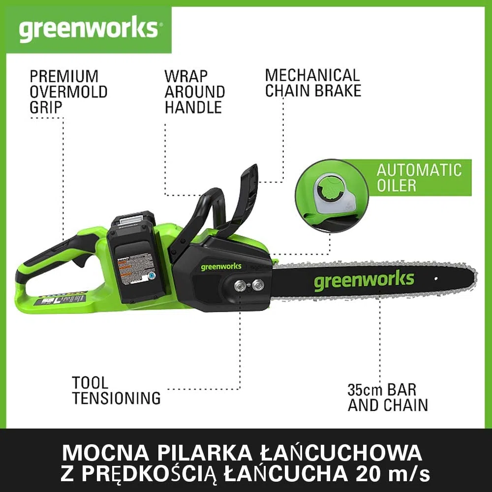 Greenworks GD24X2CS36K4X Akumulatorowa pilarka łańcuchowa z silnikiem bezszczotkowym, długość ostrza 35 cm, szybkość cięcia 20 m na s, olejarka, 2 baterie 24 V 4 Ah i podwójna ładowarka