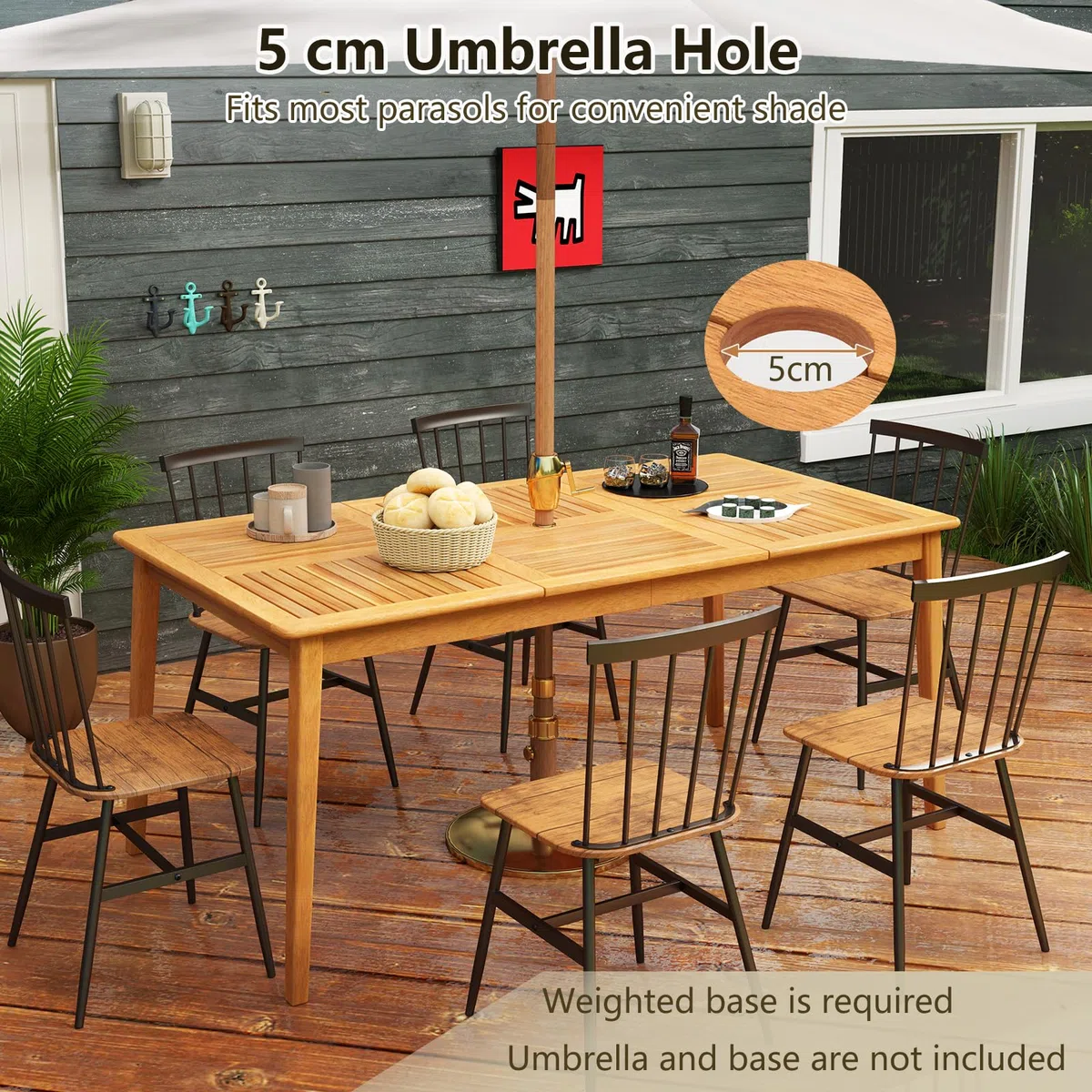 GIANTEX Stół ogrodowy do jadalni z otworem na parasol Ø 5 cm, prostokątny stół zewnętrzny z drewna akacjowego dla 6 osób, na taras, patio, 170 x 90 x 75,5 cm