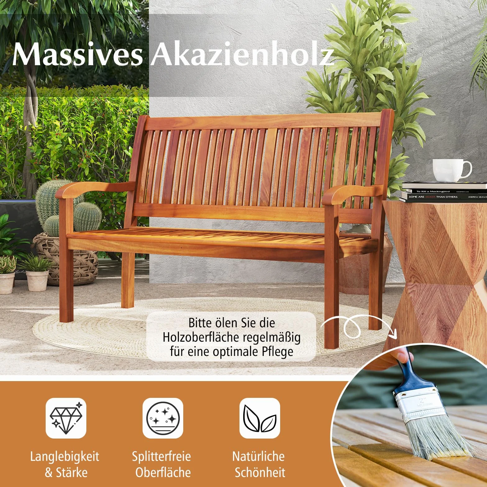 COSTWAY Ławka ogrodowa z drewna, nośność do 320 kg, 2–3-osobowa, masywna ławka drewniana, odporna na warunki atmosferyczne, z eukaliptusa, na taras, balkon, do ogrodu, 126 x 63 x 91 cm