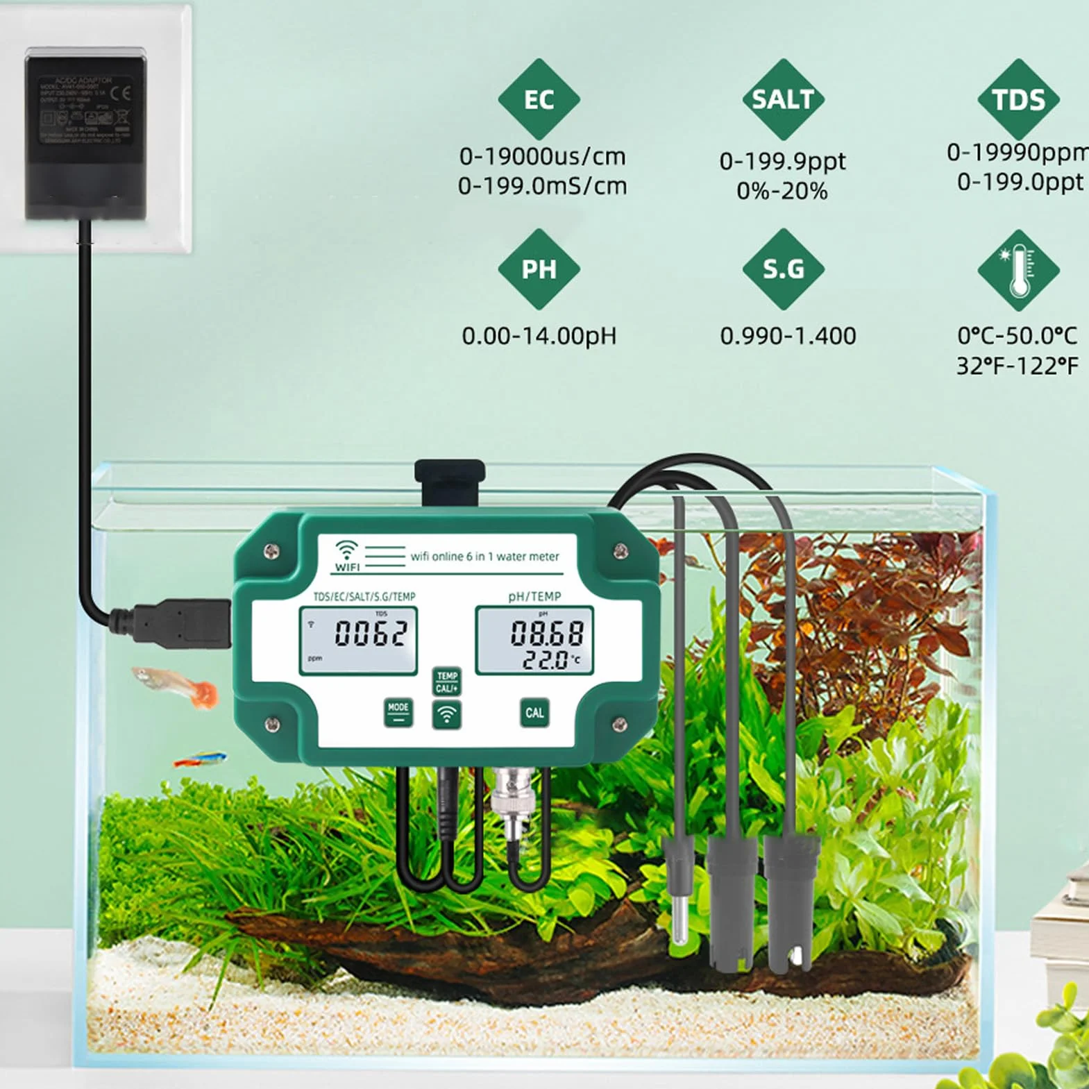 Miernik Jakości Wody Wysoka Precyzja 6 w 1 PH TDS EC SG Tester Temperatury Soli Połączenie WiFi Detektor Jakości Wody do Wody Pitnej(Wtyczka UE)