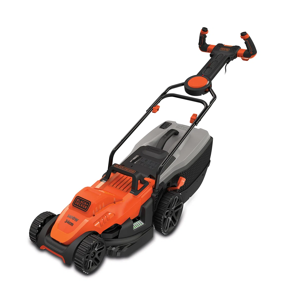 BLACK+DECKER Kosiarka przewodowa 1400W, elektryczna kosiarka 34 cm, 6 regulowanych wysokości 20, 30, 40, 50, 60 i 70 mm, kosiarka z 3-pozycyjnym uchwytem EASYSTEER BEMW461ES-QS