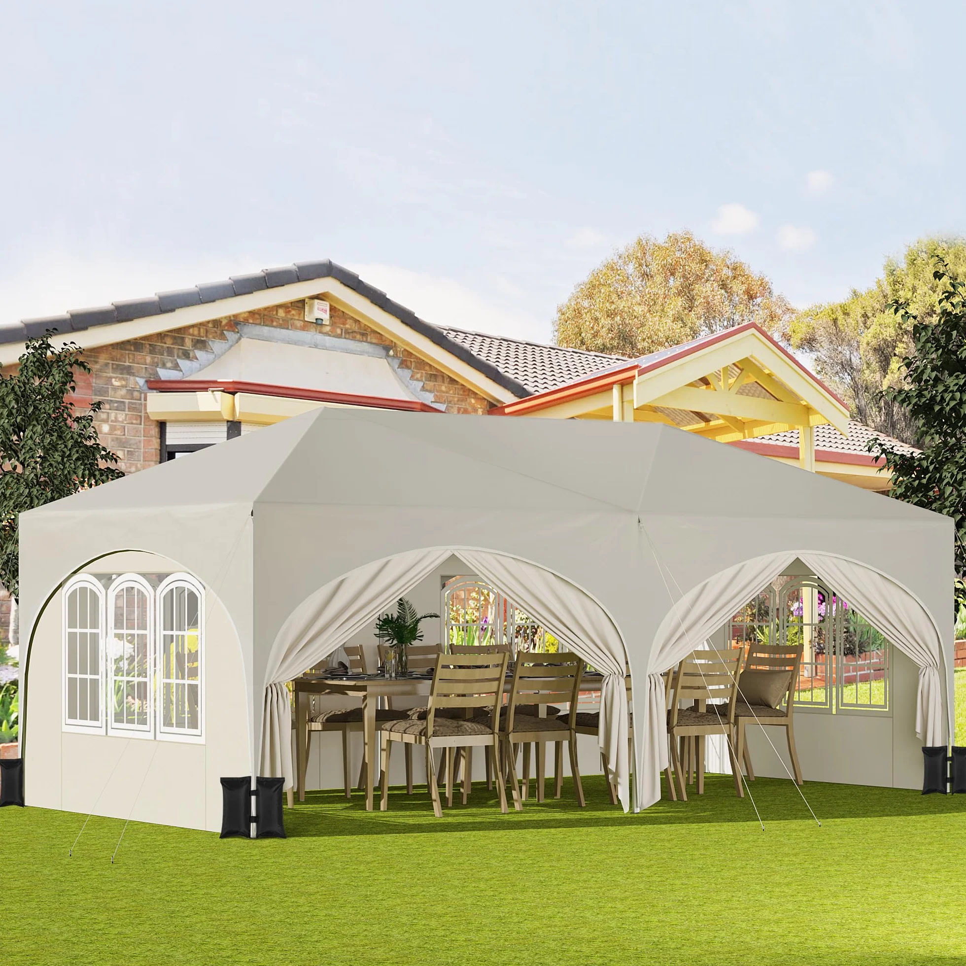 WOLTU Pergola 3 x 6 m, składany pawilon, 6 ścian bocznych, regulowana wysokość, wodoodporny, UV, beżowy