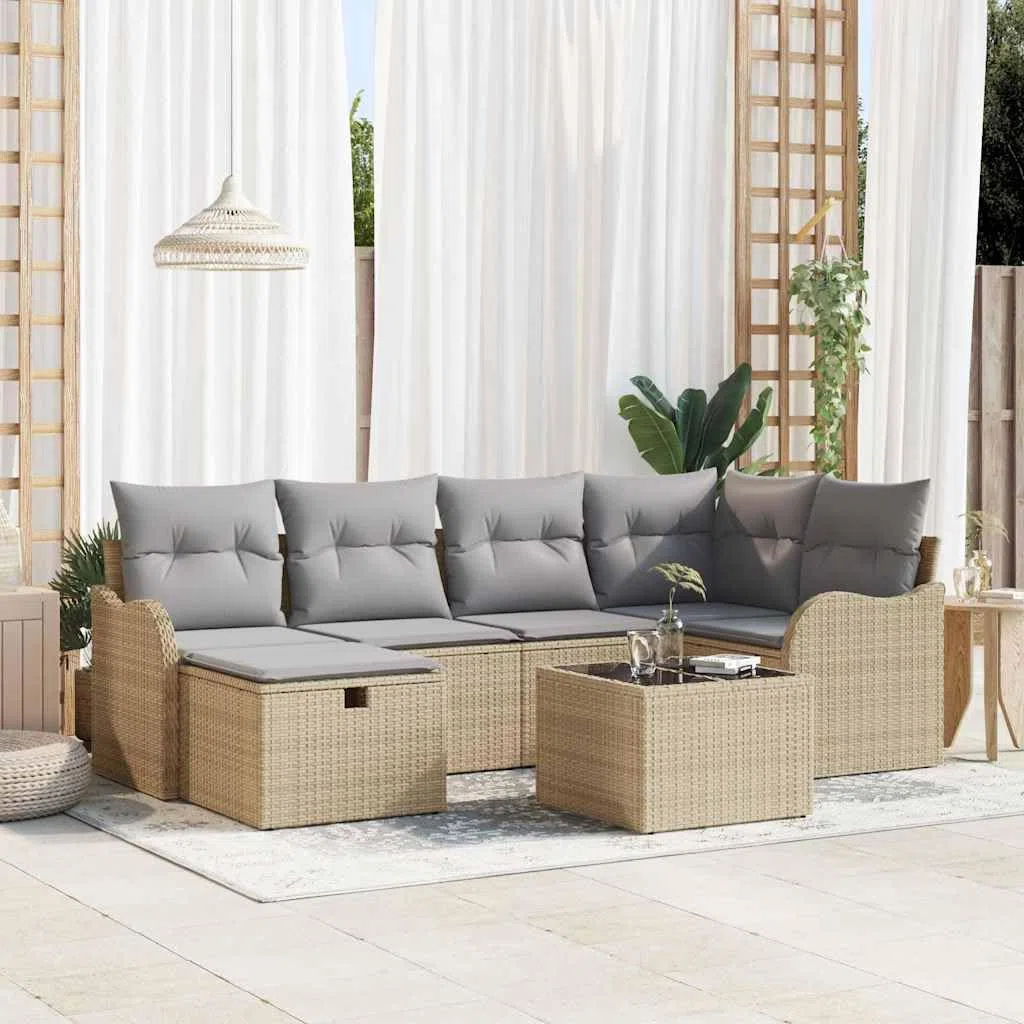 Modułowa sofa ogrodowa, 7-częściowy, z beżowego polirattanu z poduszkami i miejscem do przechowywania, łukowate podłokietniki, malowana proszkowo rama stalowa, wodoodporna torba