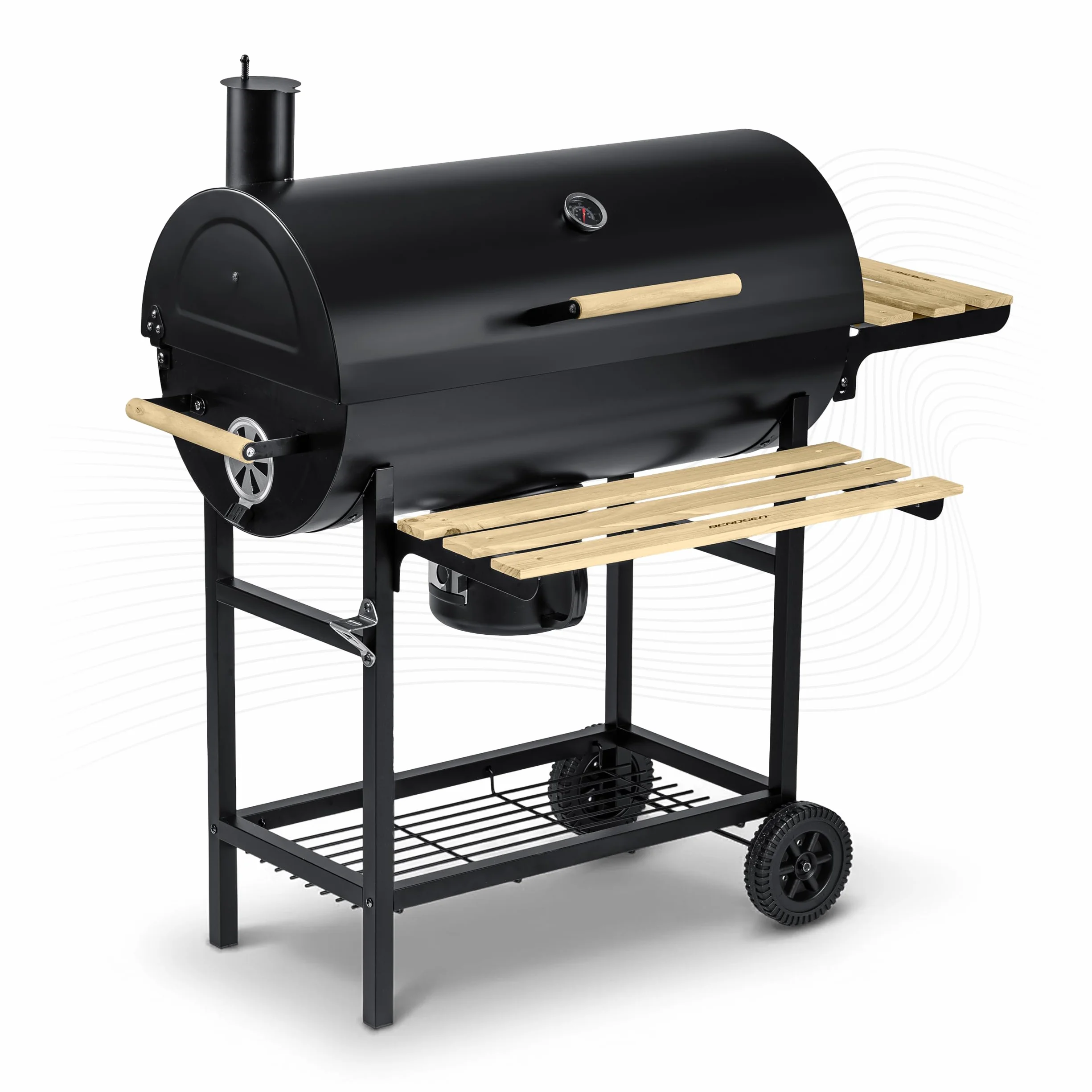 Berdsen Duży grill węglowy ogrodowy beczkowy z pokrywą i termometrem 70 x 35 cm na kołach