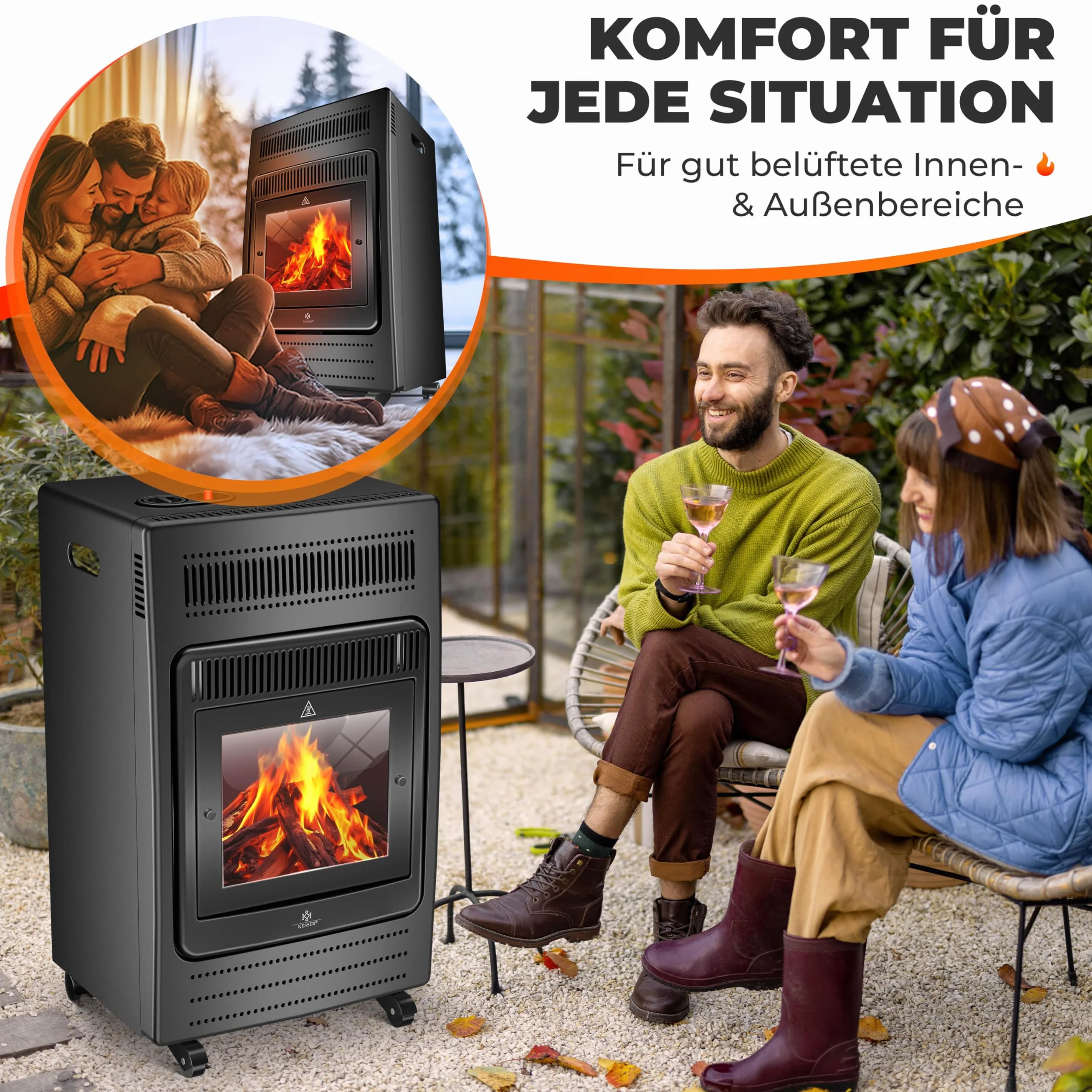KESSER® Grzejnik gazowy, 3,4 kW, zawiera reduktor ciśnienia gazu i wąż gazowy, 2 stopnie grzania na podczerwień 3400 W, ogrzewanie gazowe, butle z butanem lub propanem, do 11 kg, czarny