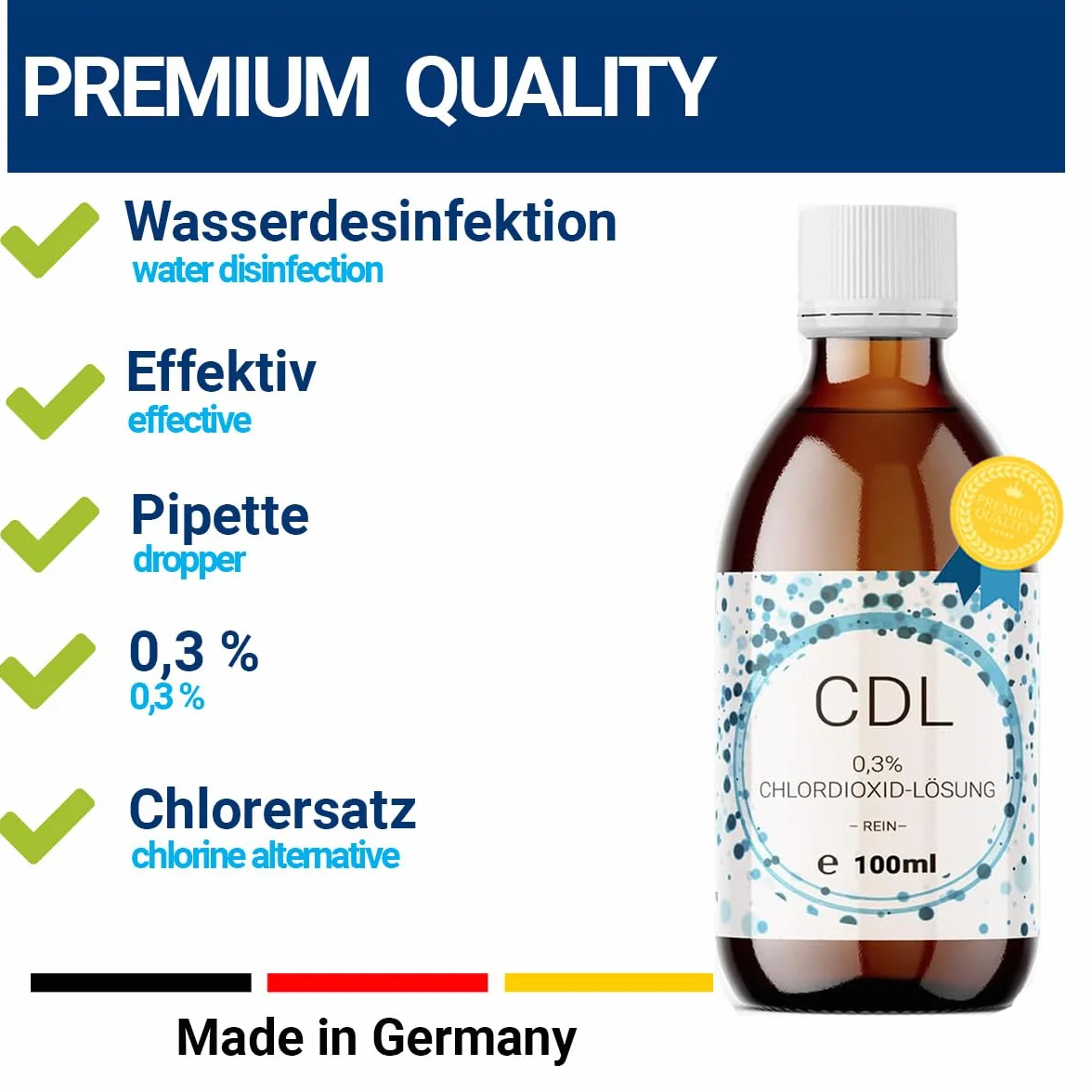 100 ml dwutlenku chloru CDL/CD roztwór 0,3%, destylowany, szklana butelka z kroplomierzem dozującym