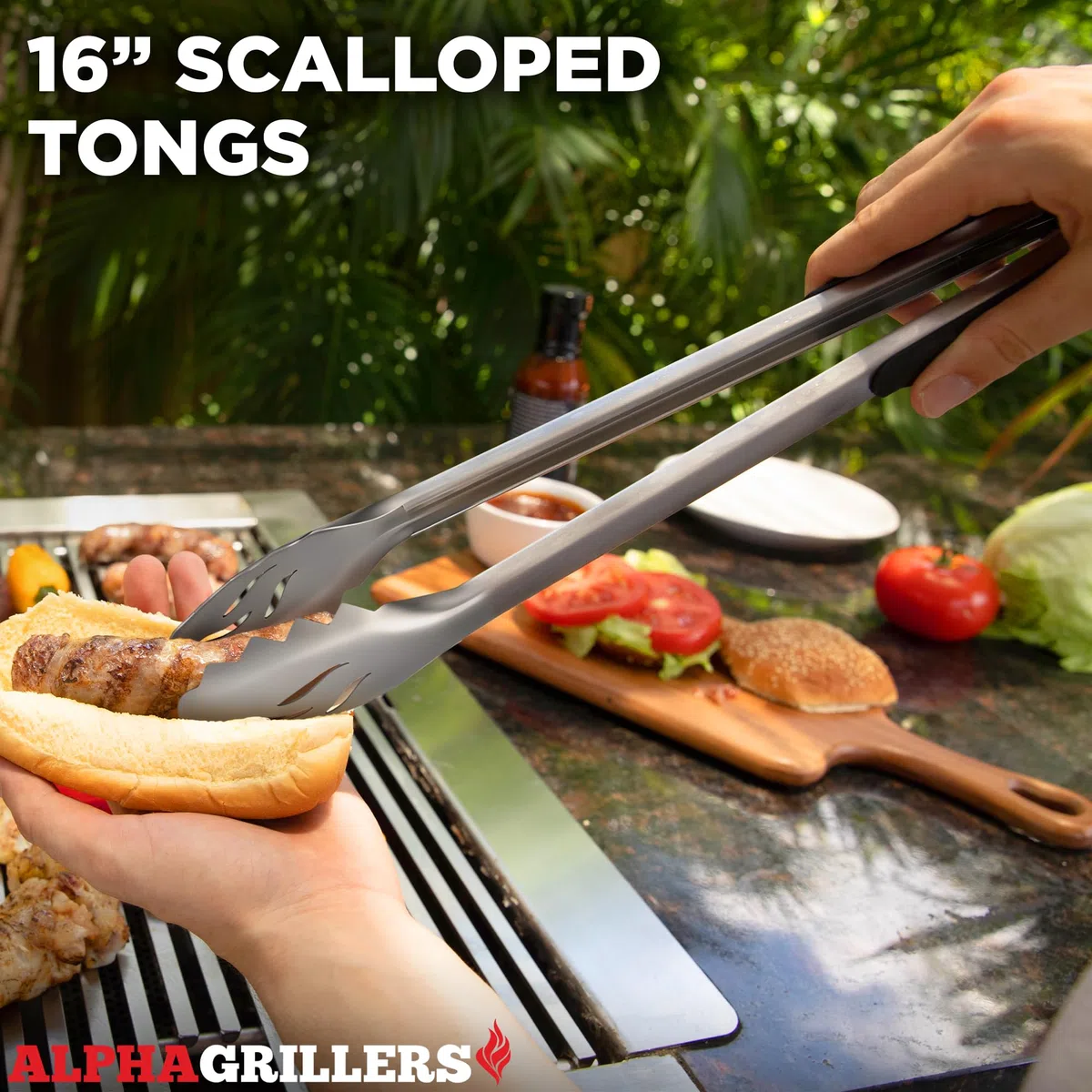 Alpha Grillers Zestaw wytrzymałych akcesoriów do grilla - zestaw narzędzi do grillowania 4 szt. akcesoria do grilla ze szpatułką, widelcem, szczotką i szczypcami do grilla - prezenty dla taty trwałe,