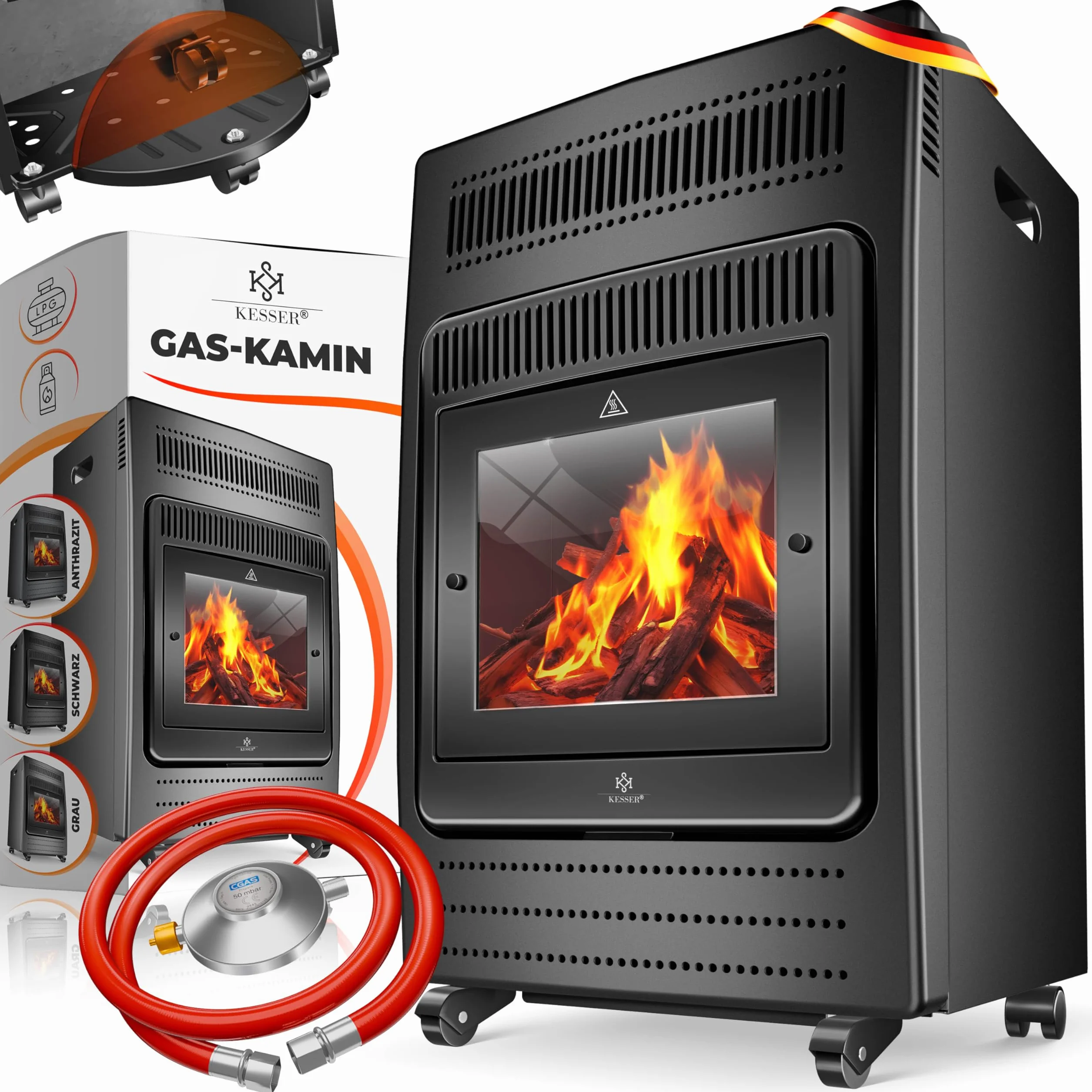 KESSER® Grzejnik gazowy, 3,4 kW, zawiera reduktor ciśnienia gazu i wąż gazowy, 2 stopnie grzania na podczerwień 3400 W, ogrzewanie gazowe, butle z butanem lub propanem, do 11 kg, czarny