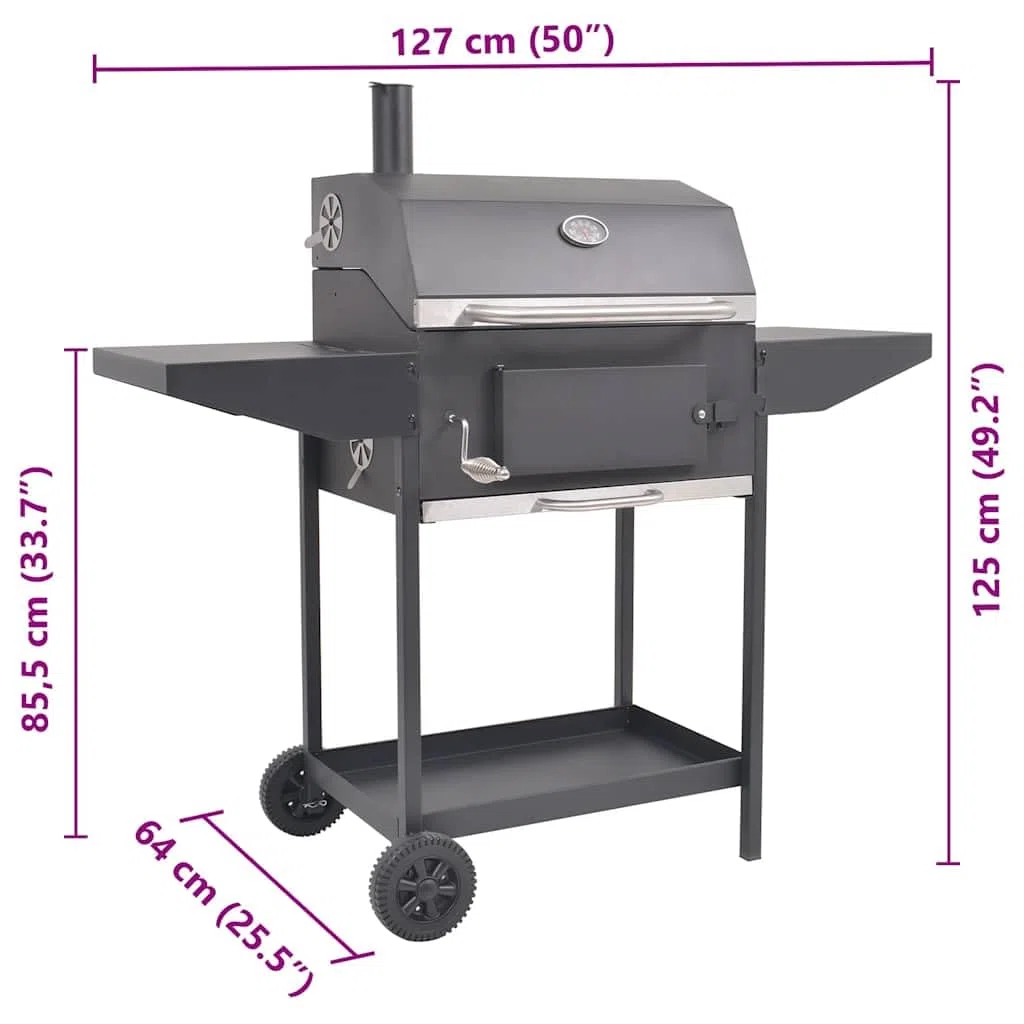 vidaXL Grill węglowy z wędzarnią i dolną półką, czarny