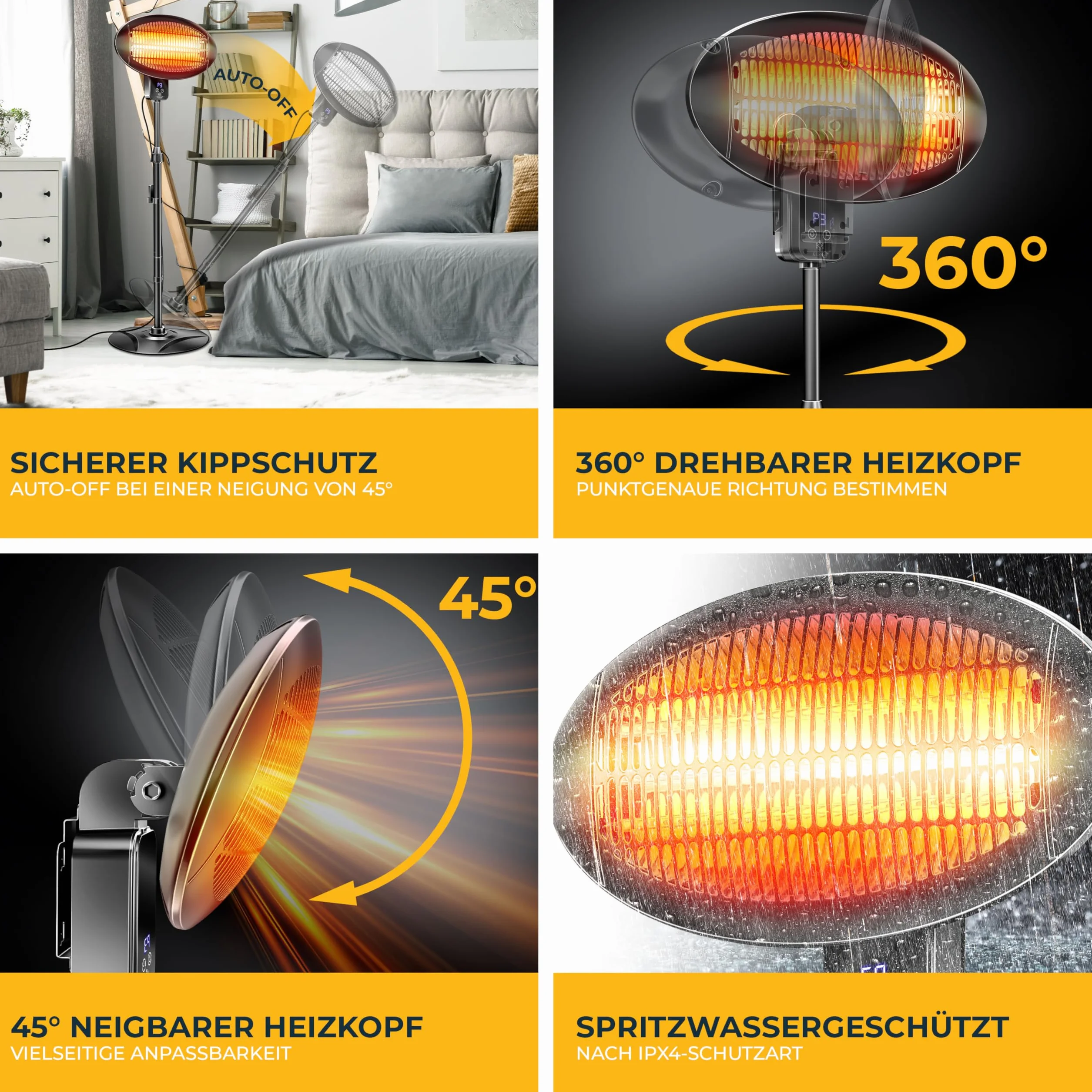 KESSER® Promiennik podczerwieni 2000 W, promiennik tarasowy z WiFi i pilotem zdalnego sterowania, obracany o 360°, regulacja wysokości, stojący i montaż ścienny, ochrona przed przewróceniem, IPX4,